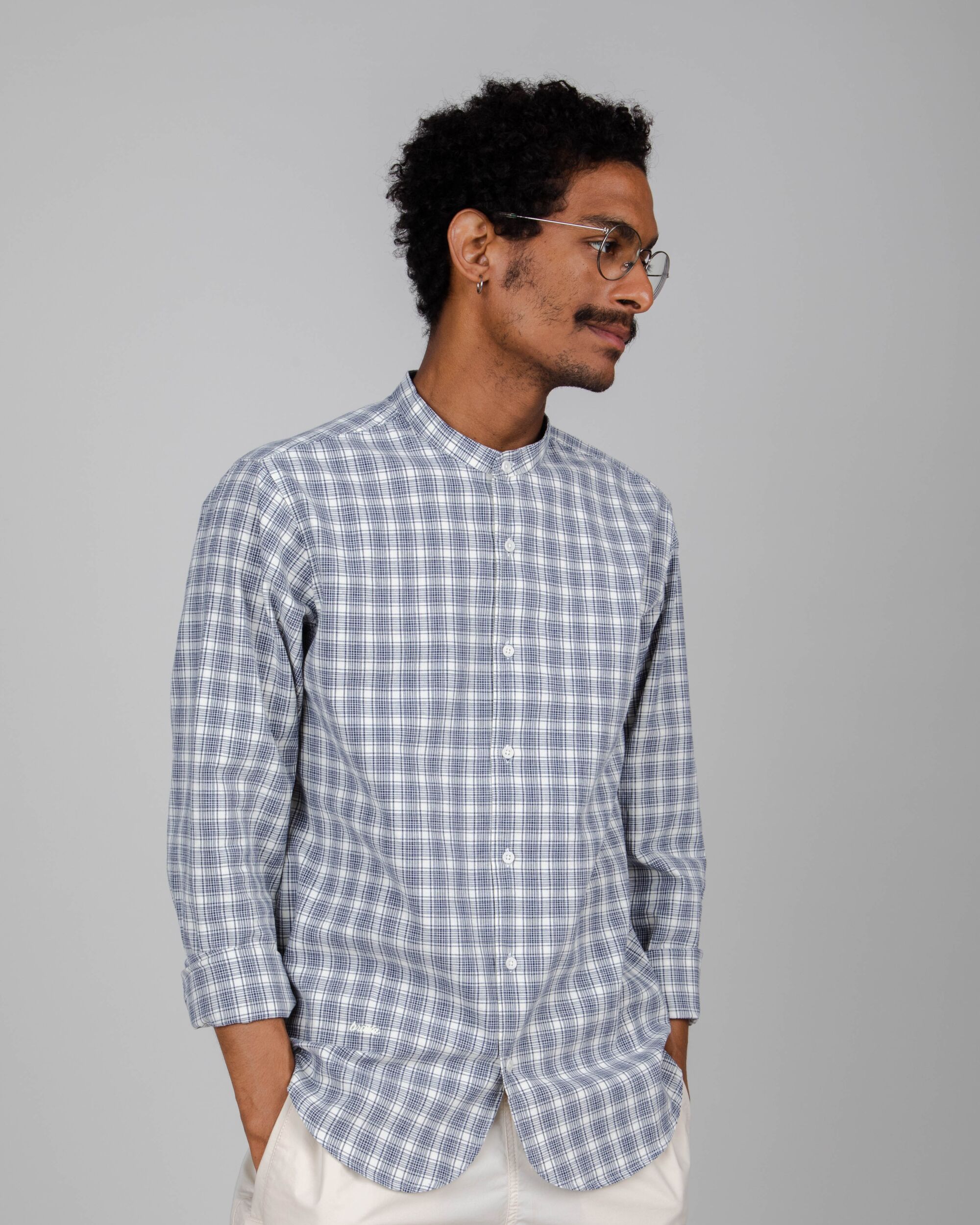 Blue 100% organic cotton Check Mao long-sleeved checked shirt from Brava Fabrics