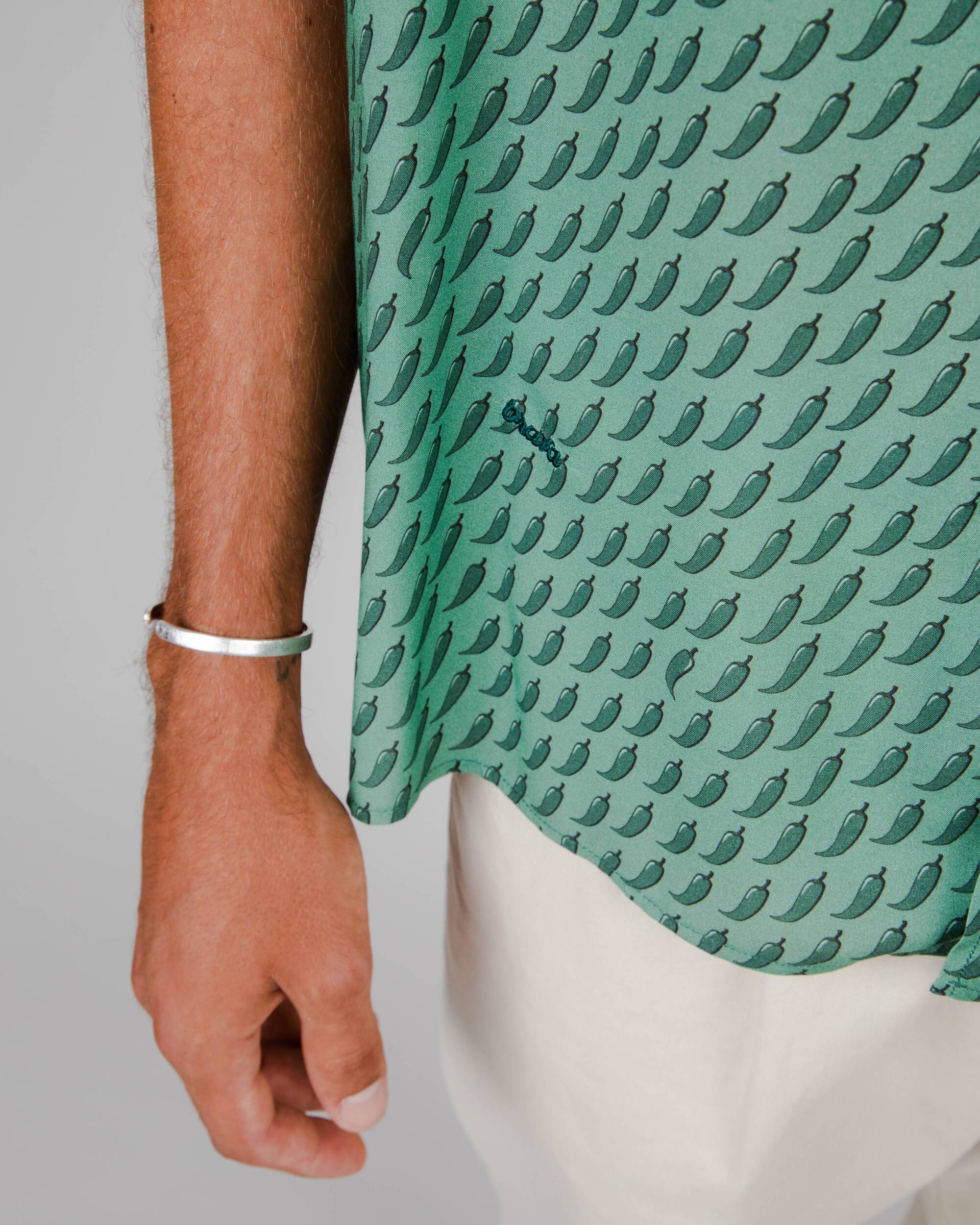 Green, short-sleeved Chilli Aloha shirt made from 100% viscose from Brava Fabrics