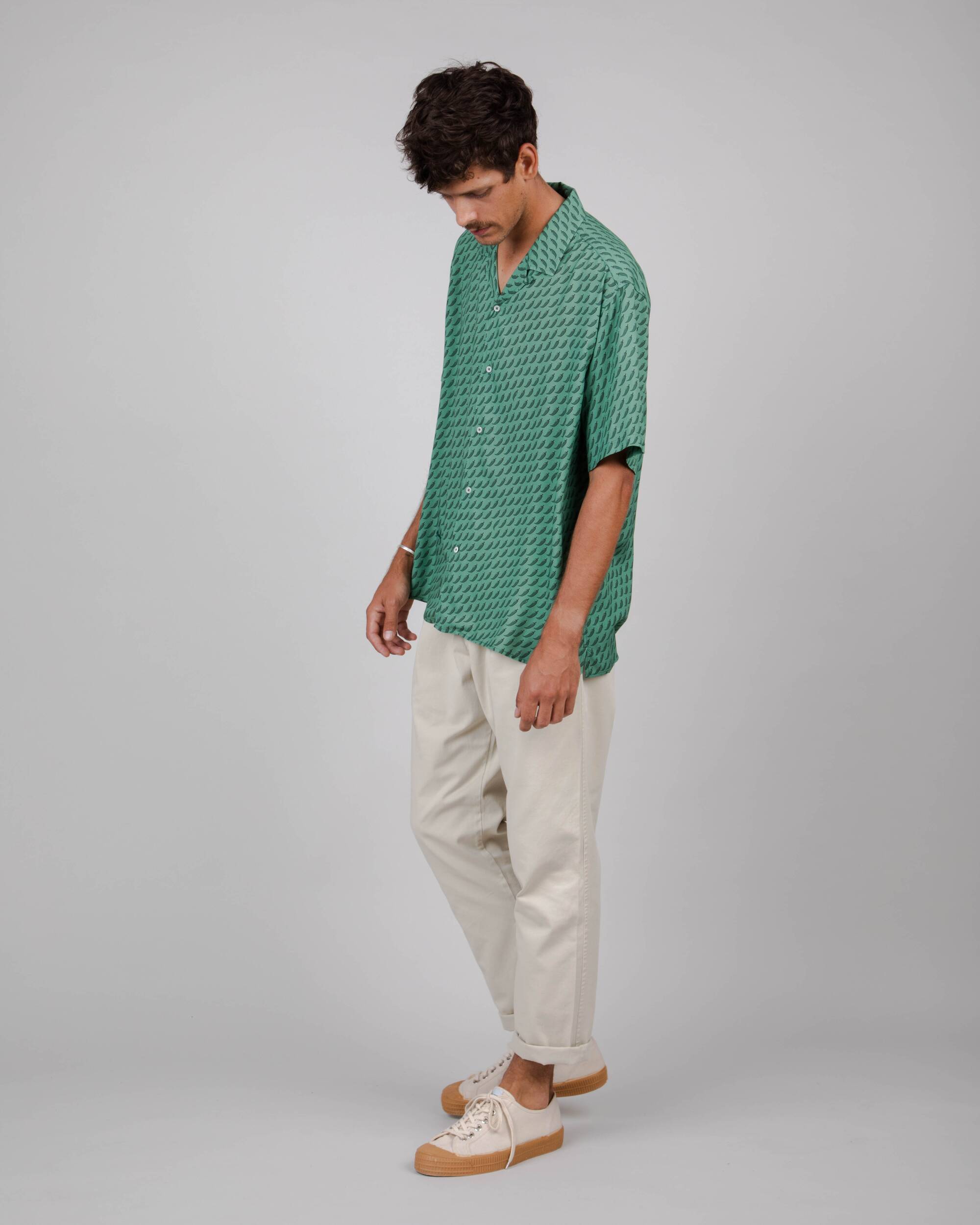 Green, short-sleeved Chilli Aloha shirt made from 100% viscose from Brava Fabrics