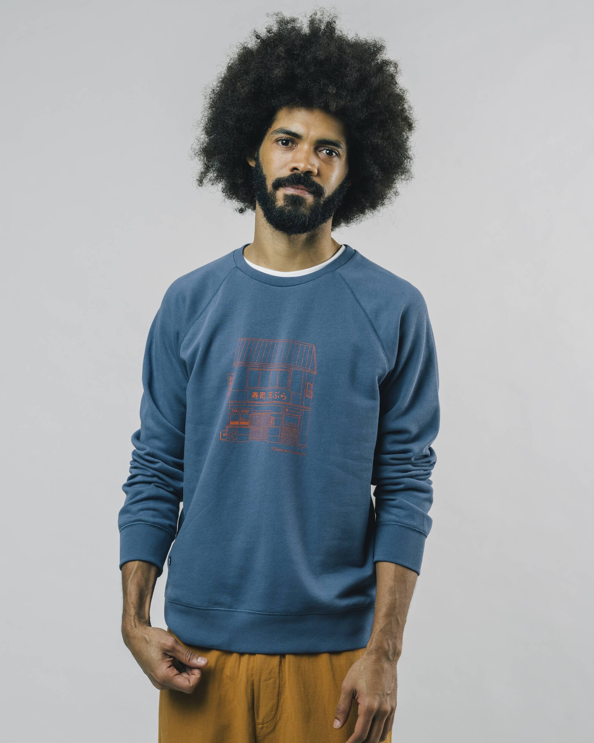 Blue Take Away sweater made from 100% organic cotton from Brava Fabrics