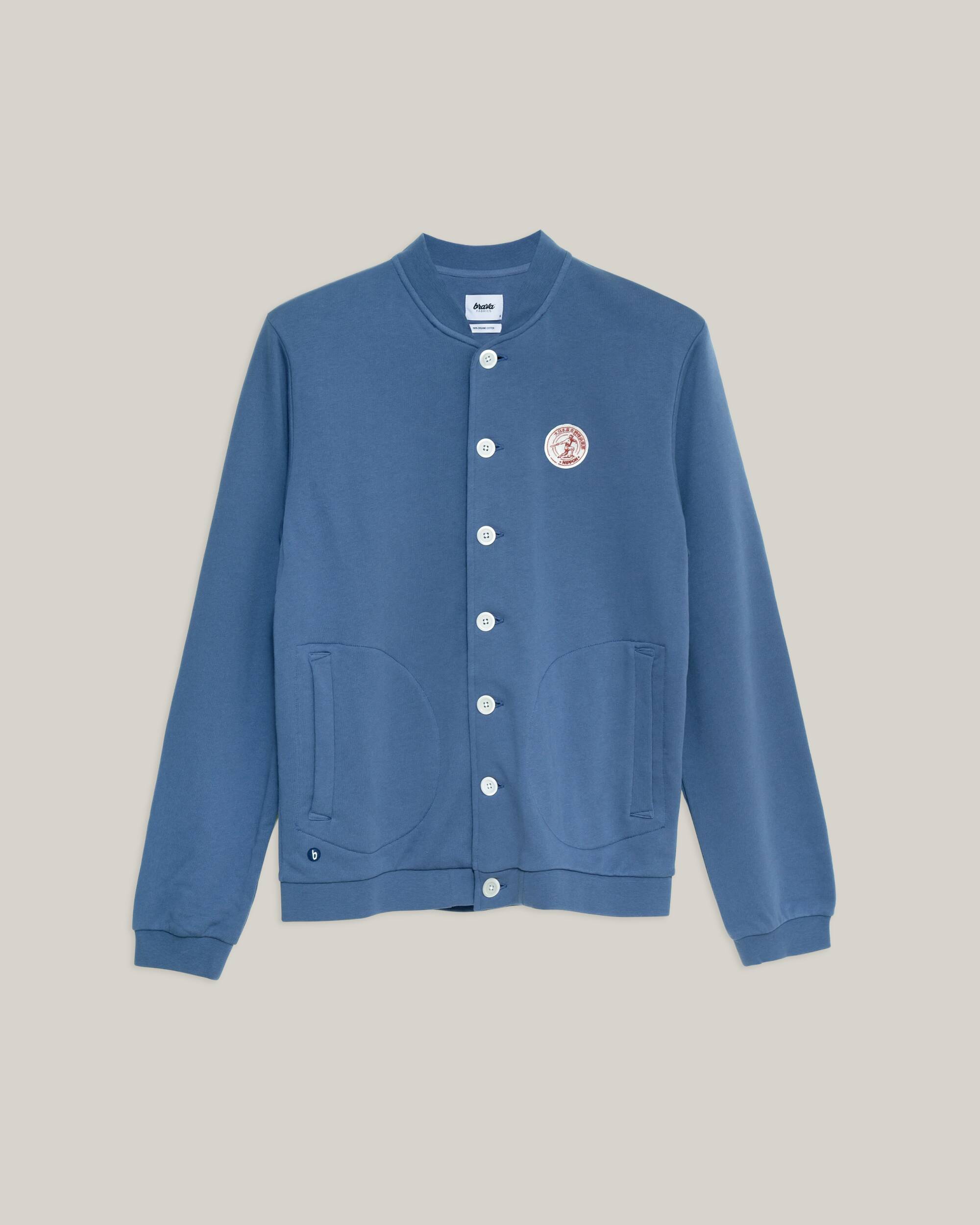 Blue Tokyo Baseball Club jacket made from 100% organic cotton by Brava Fabrics