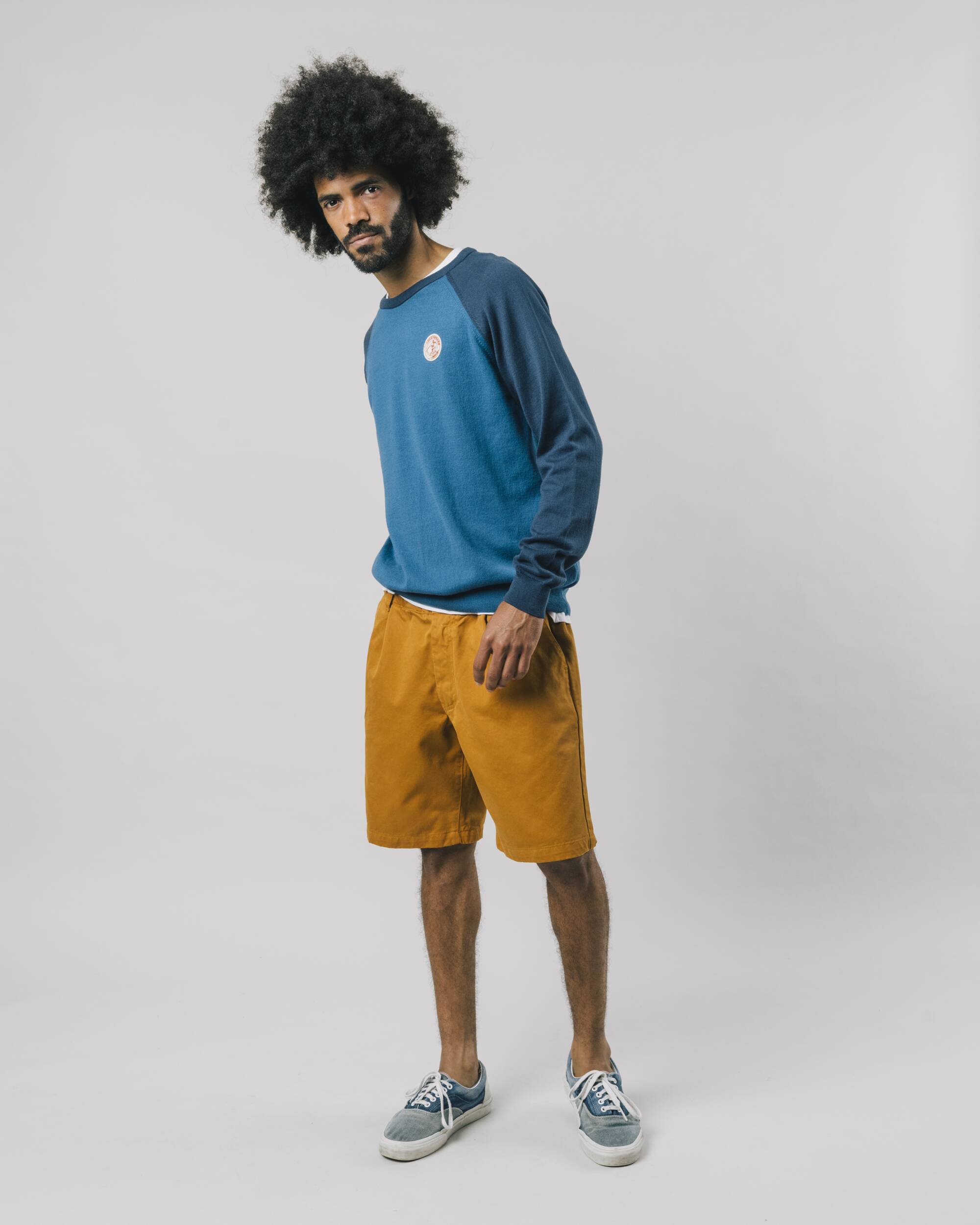 Color block sweater in blue made from 100% organic cotton with vintage baseball embroidery from Brava Fabrics