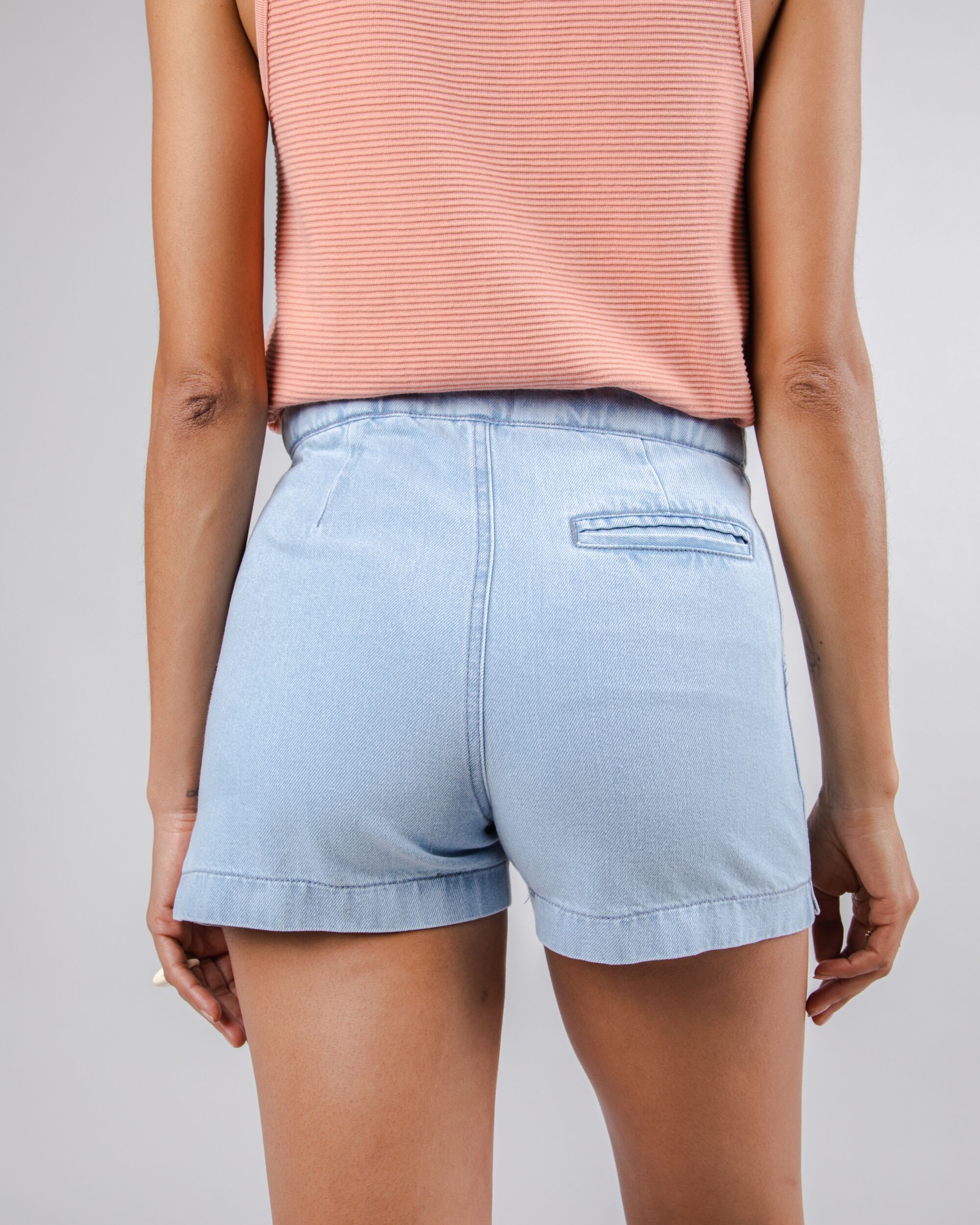 Blue Lola shorts made from cotton and recycled denim from Brava Fabrics