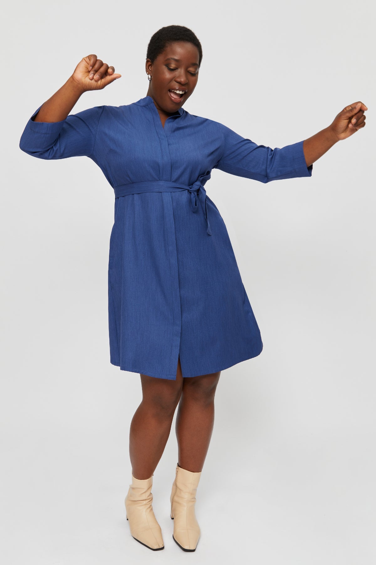 Blue Lidia shirt dress made from recycled polyester by Ayani