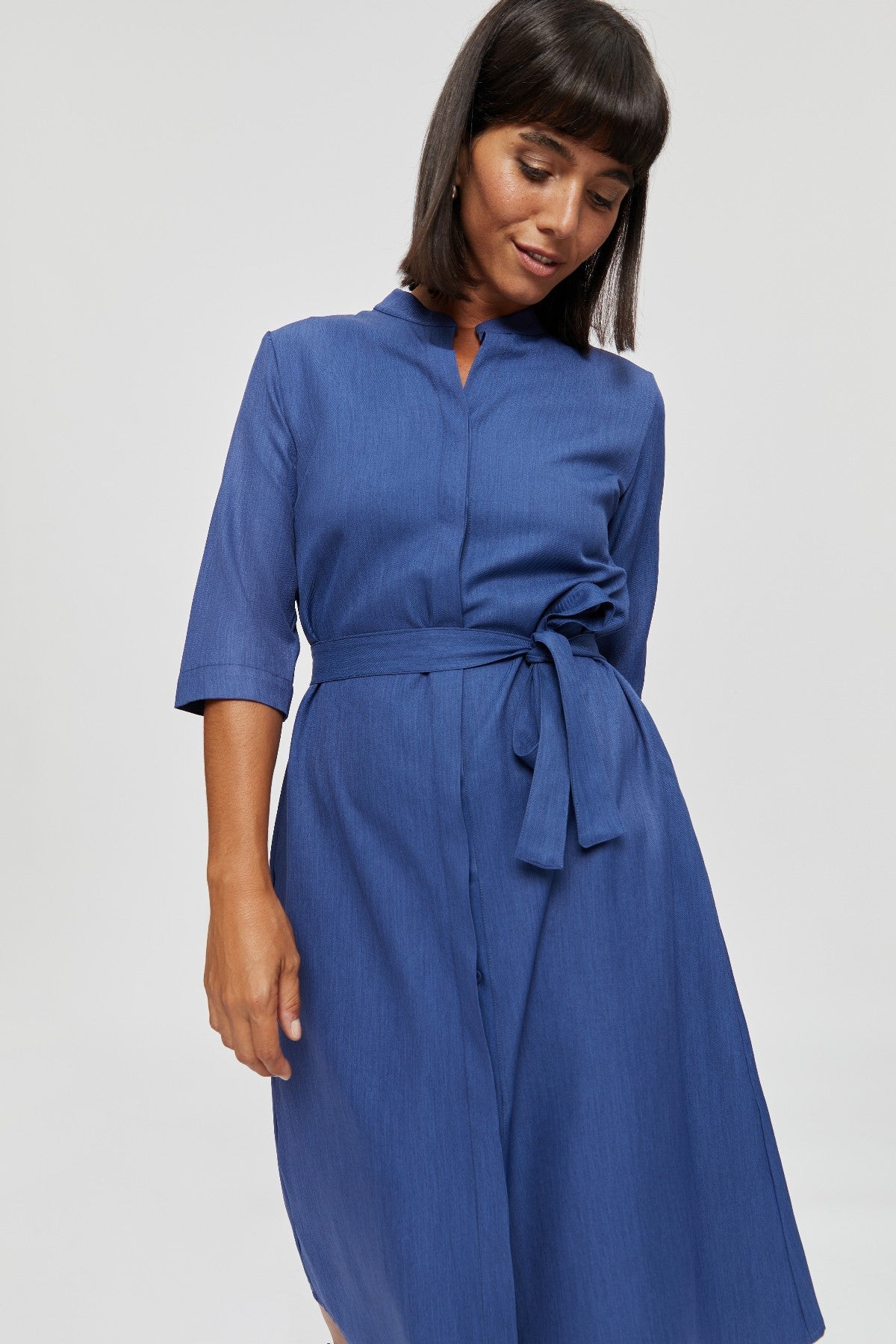 Blue Lidia shirt dress made from recycled polyester by Ayani