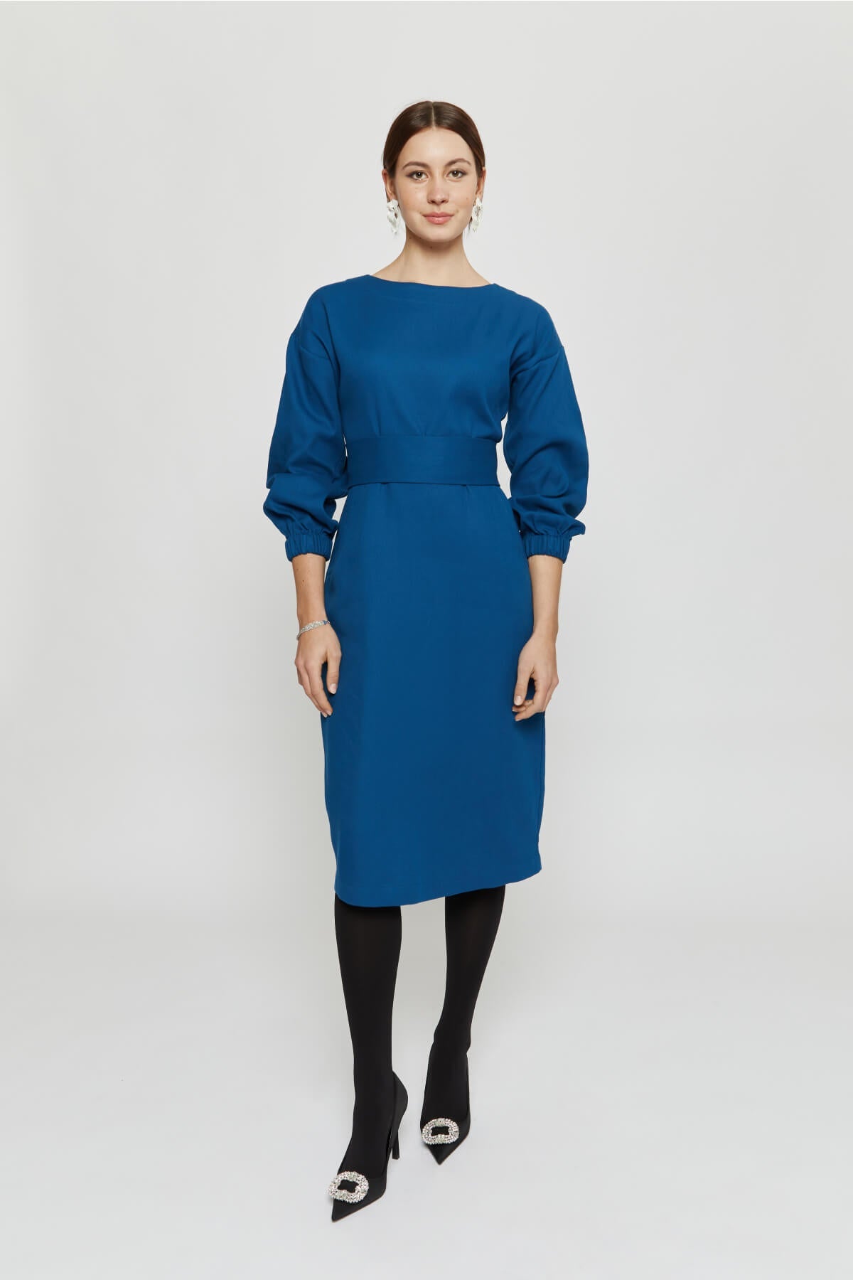 Blaues, langärmliges Kleid Stefanie aus 100% Bio-Baumwolle von Ayani