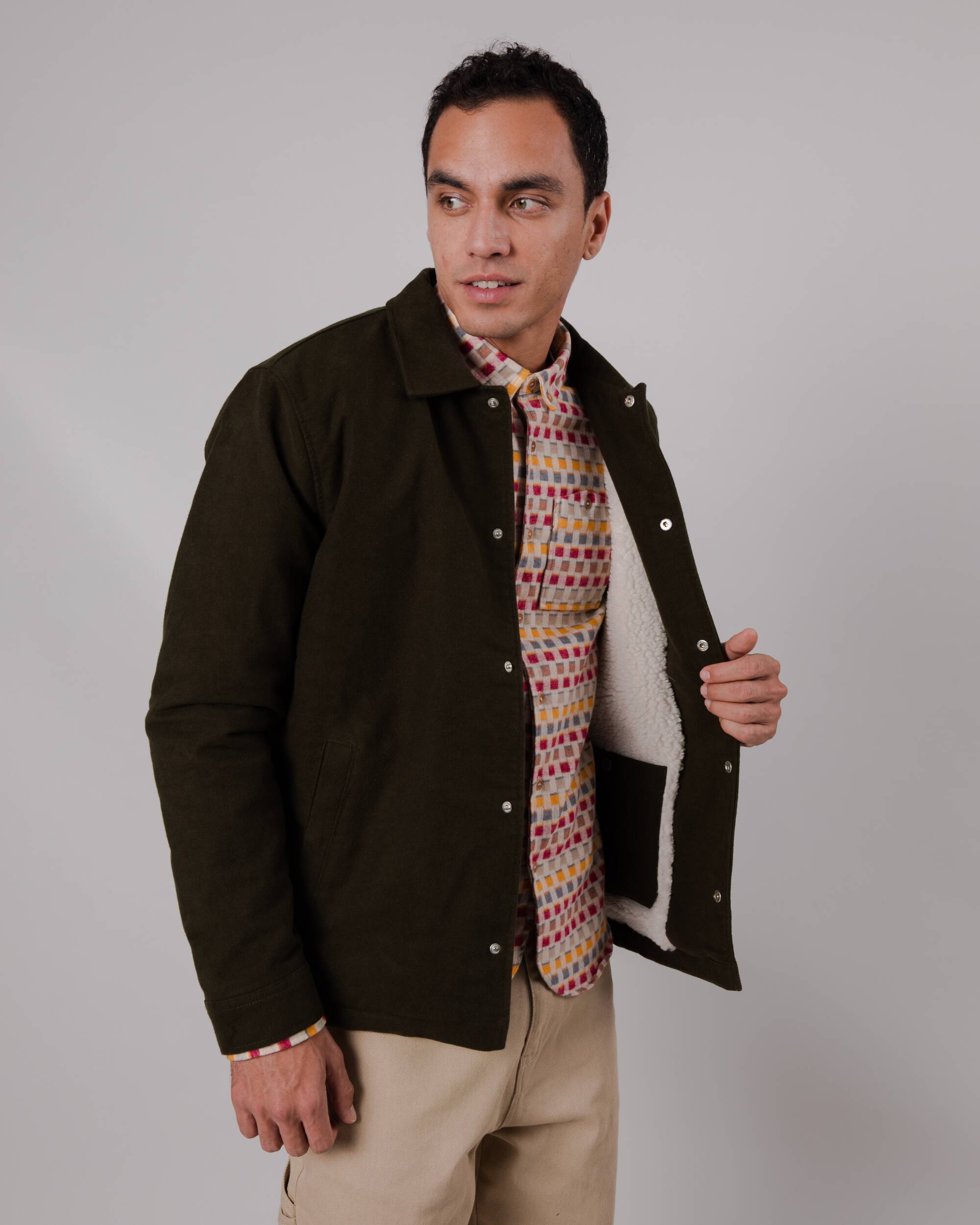 Kakhi teddy jacket made from recycled materials by Brava Fabrics