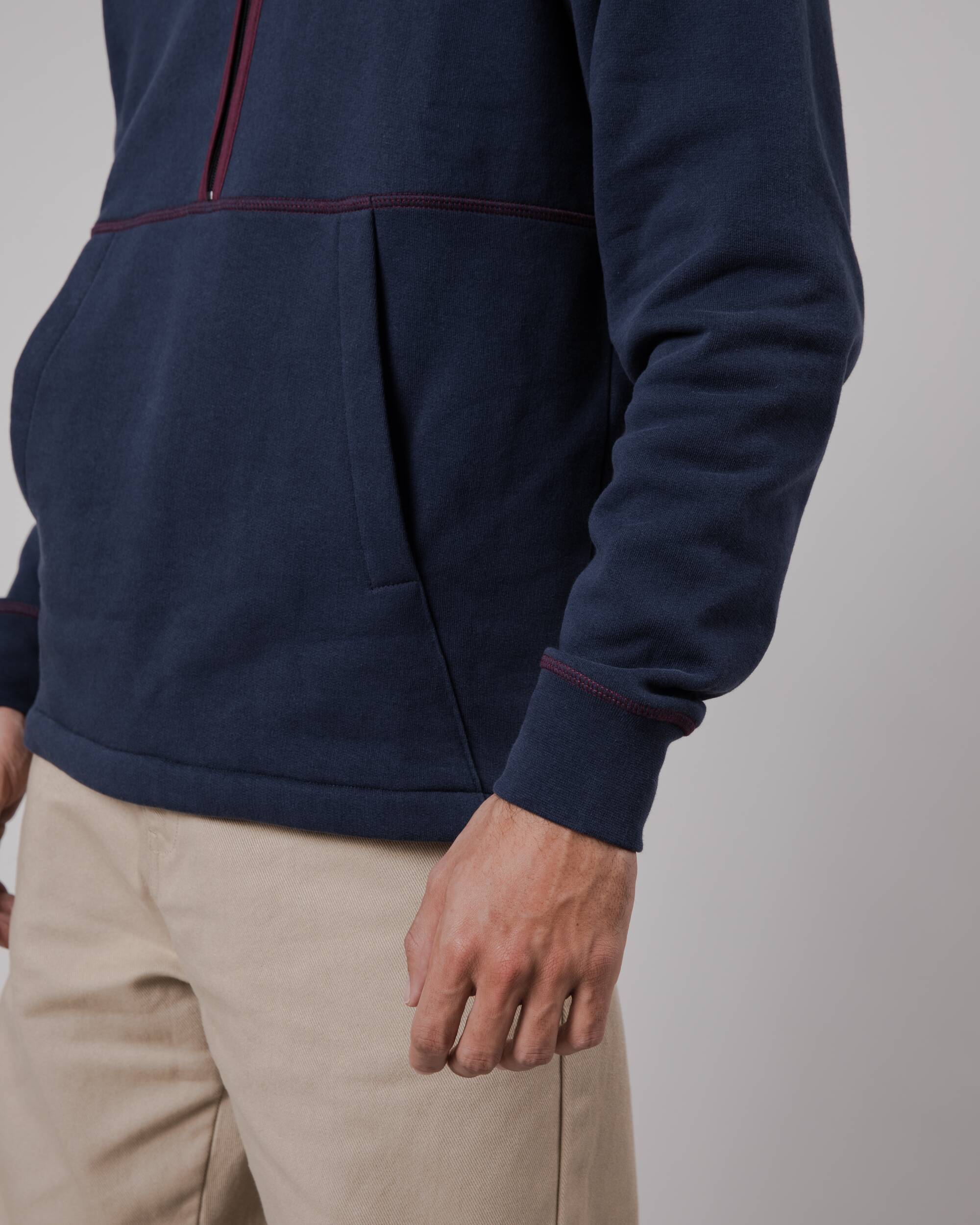 Navy blue organic cotton zip-up sweater from Brava Fabrics