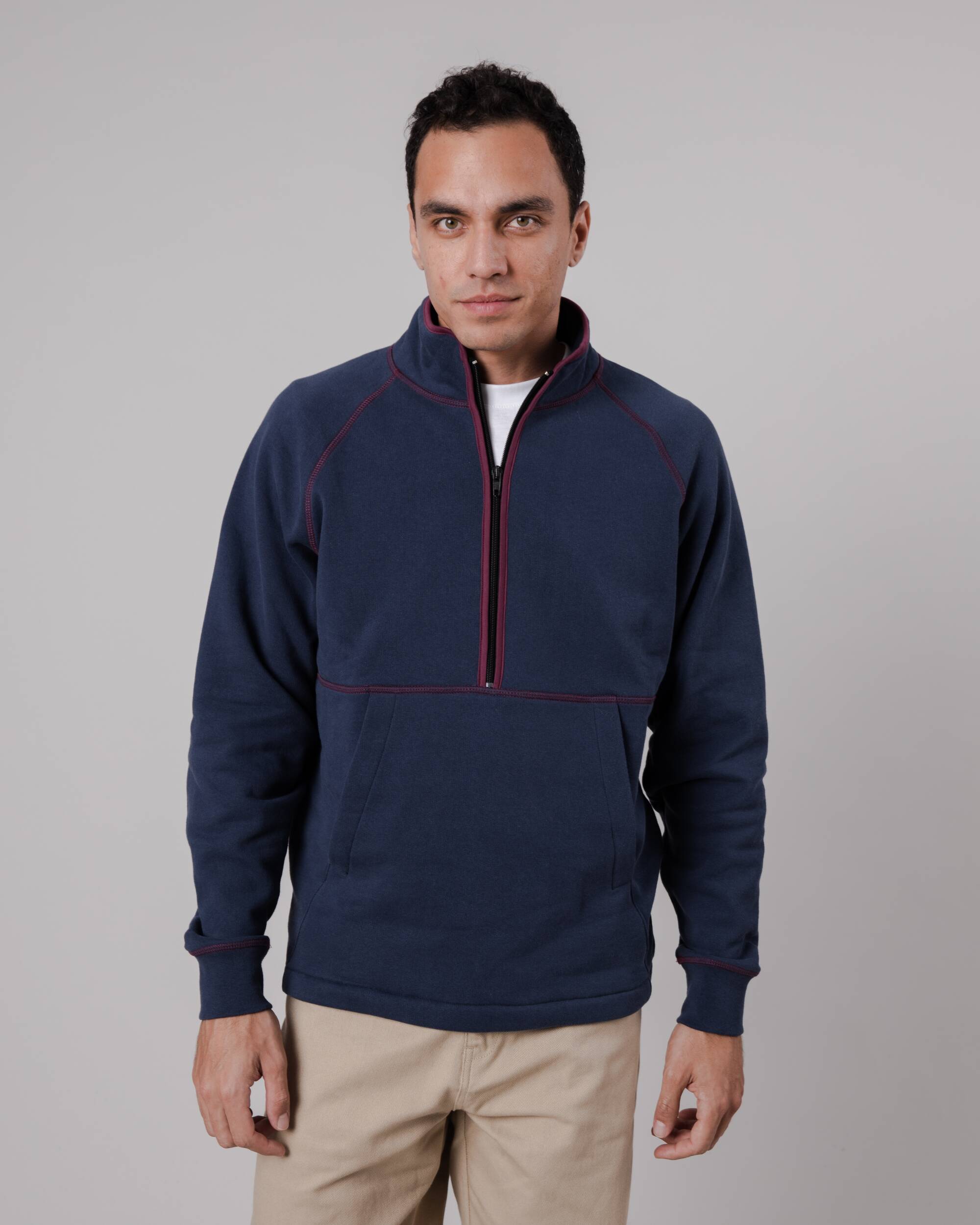 Navy blue organic cotton zip-up sweater from Brava Fabrics