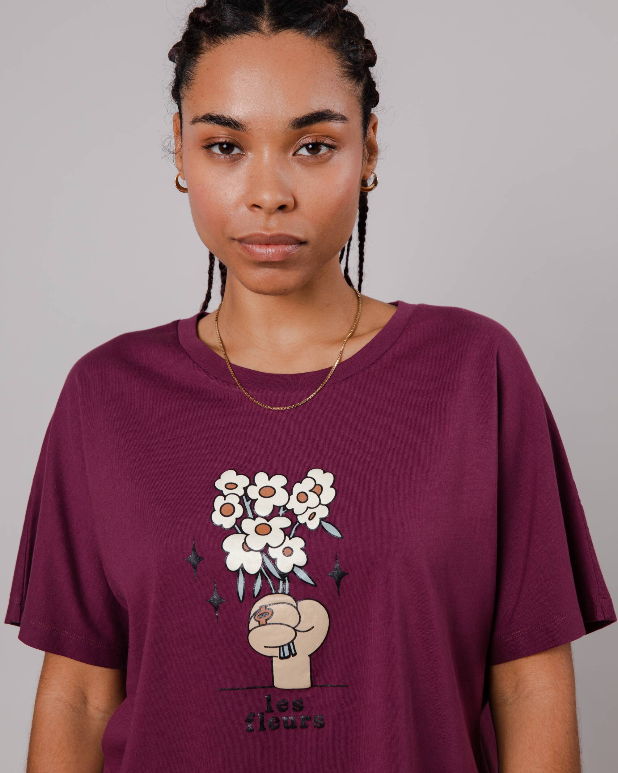 Pflaumenfarbiges T-Shirt Antonay Fleurs Oversized aus Bio-Baumwolle von Brava Fabrics