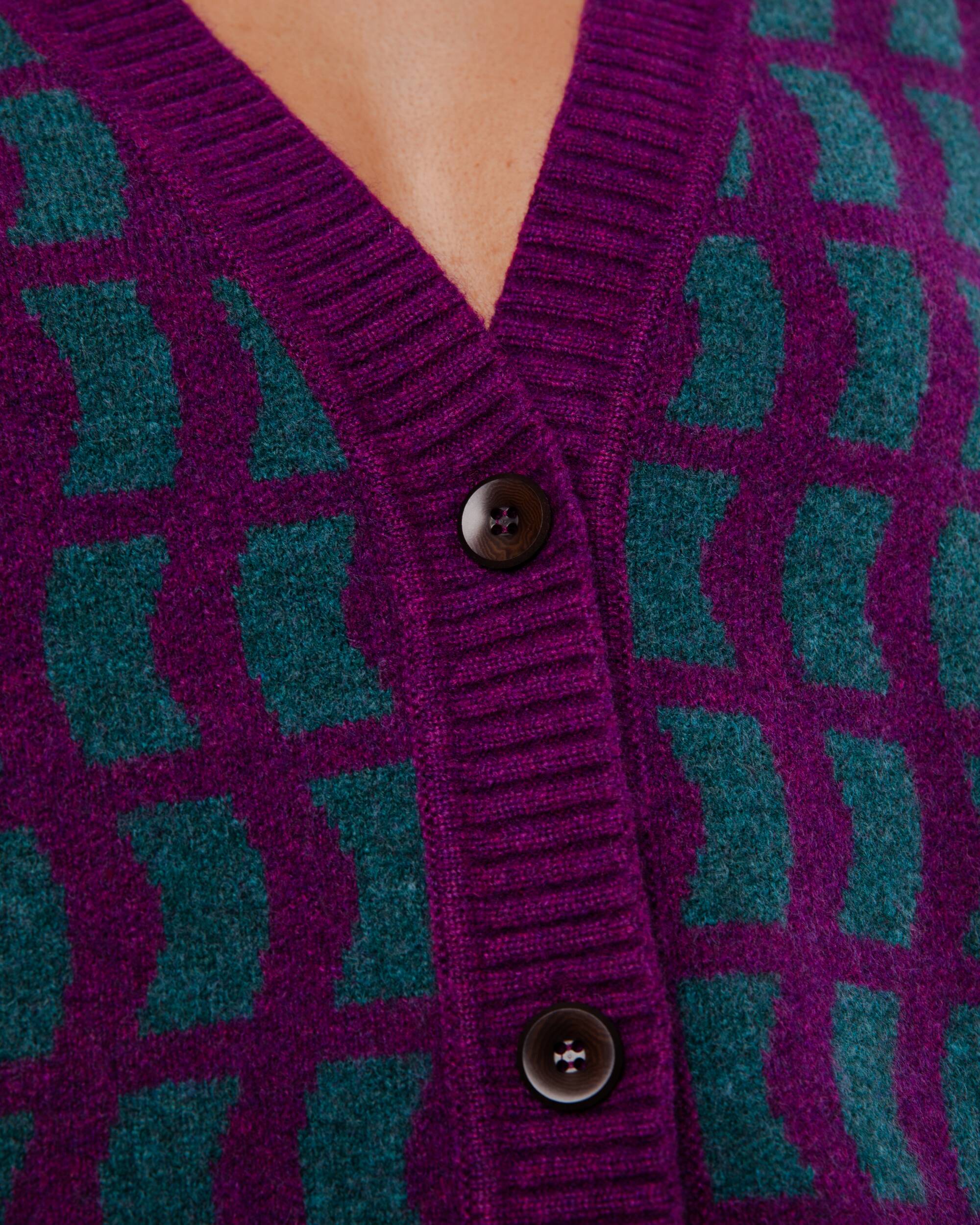 Mulberry colored geo wool cardigan made from recycled materials from Brava Fabrics