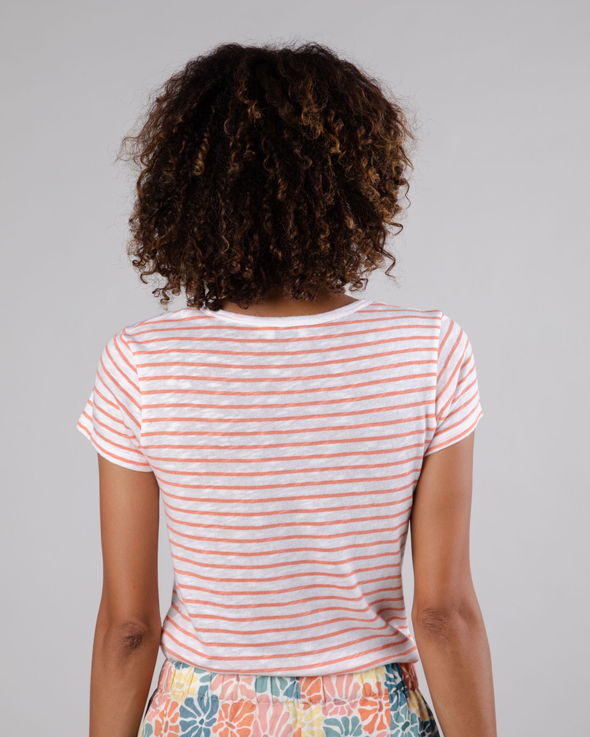 T-shirt Stripes in coral-white stripes made from organic cotton from Brava Fabrics