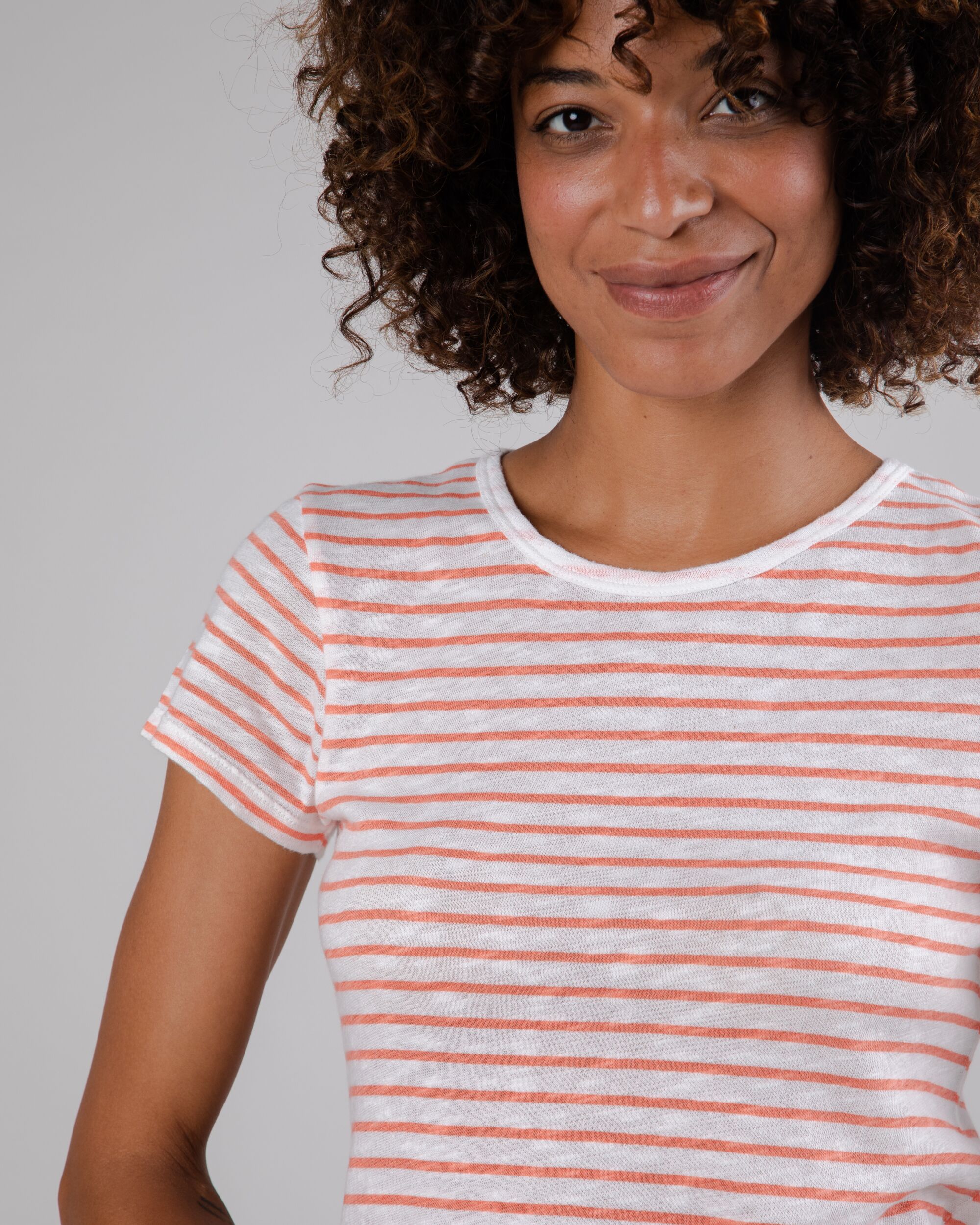 T-shirt Stripes in coral-white stripes made from organic cotton from Brava Fabrics