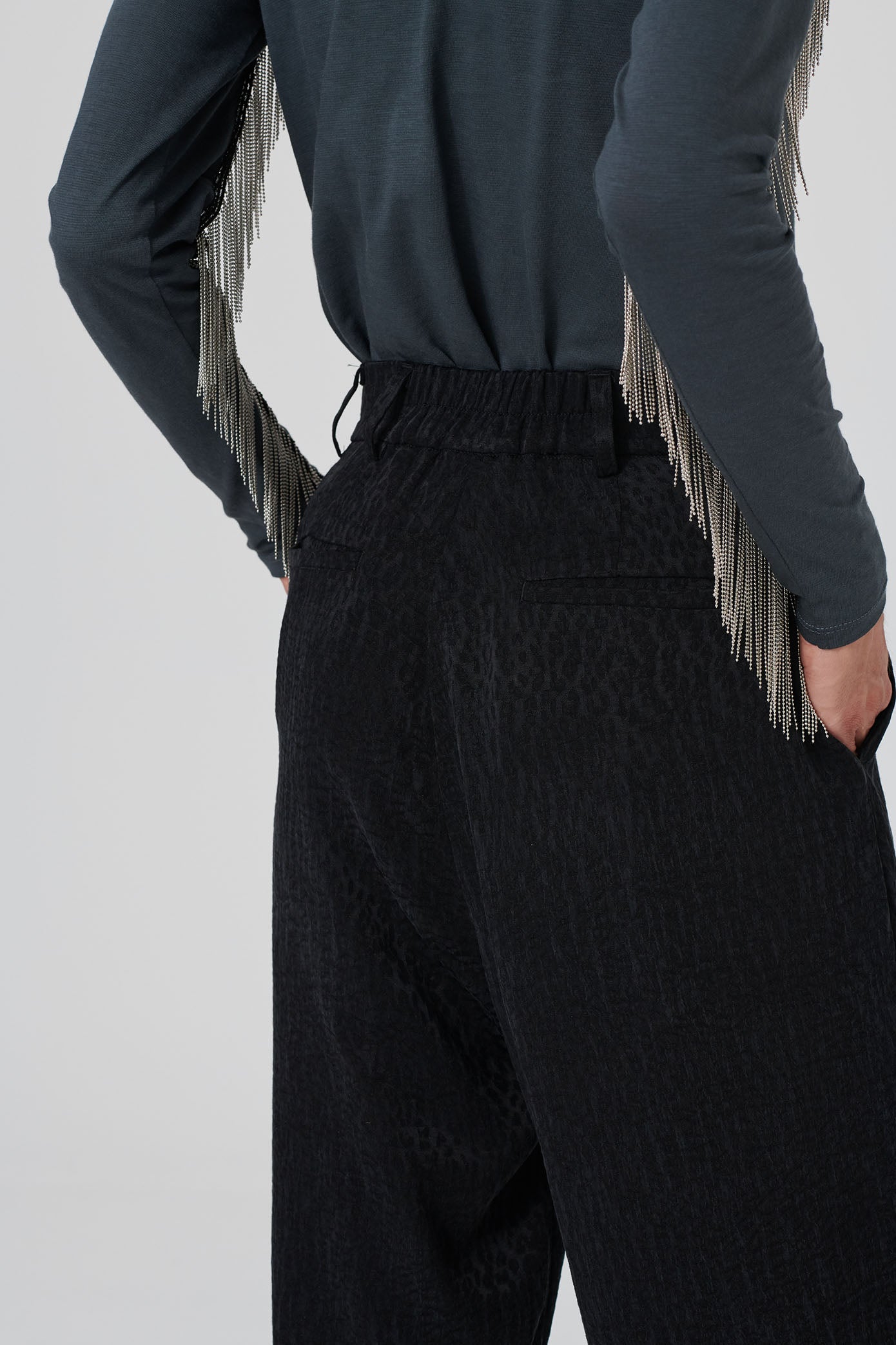 SOPHIETTA trousers in black Leo jacquard by LOVJOI made of Cupro and Ecovero™