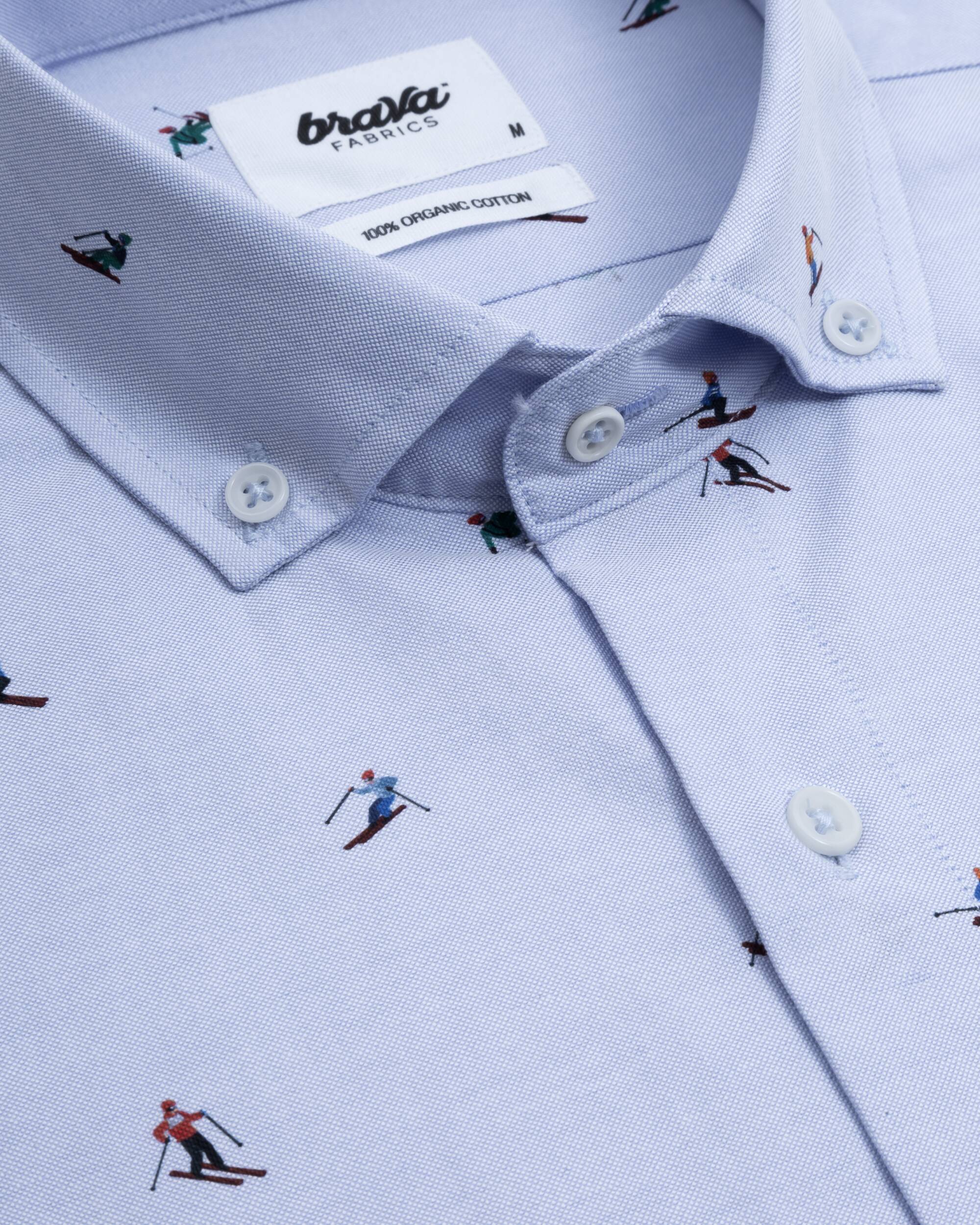 Light blue printed Slalom Race shirt made from 100% organic cotton from Brava Fabrics