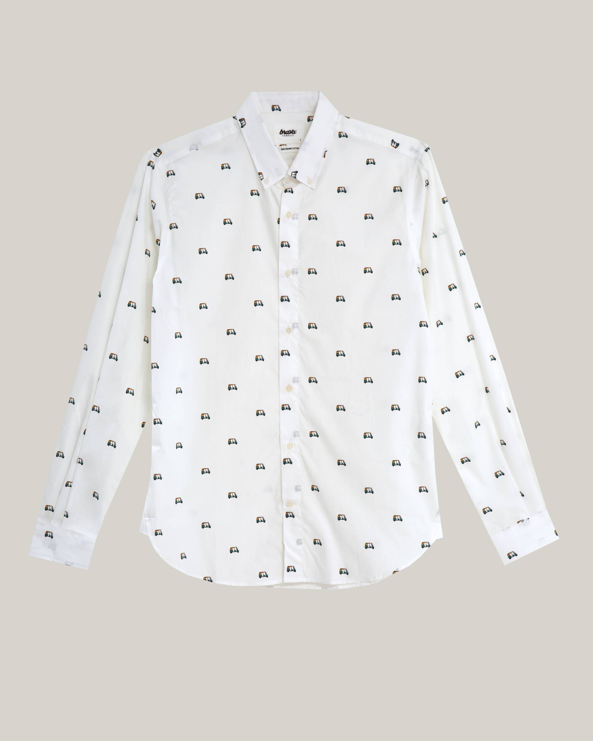 White, printed Tuk Tuk Race shirt made from 100% organic cotton from Brava Fabrics
