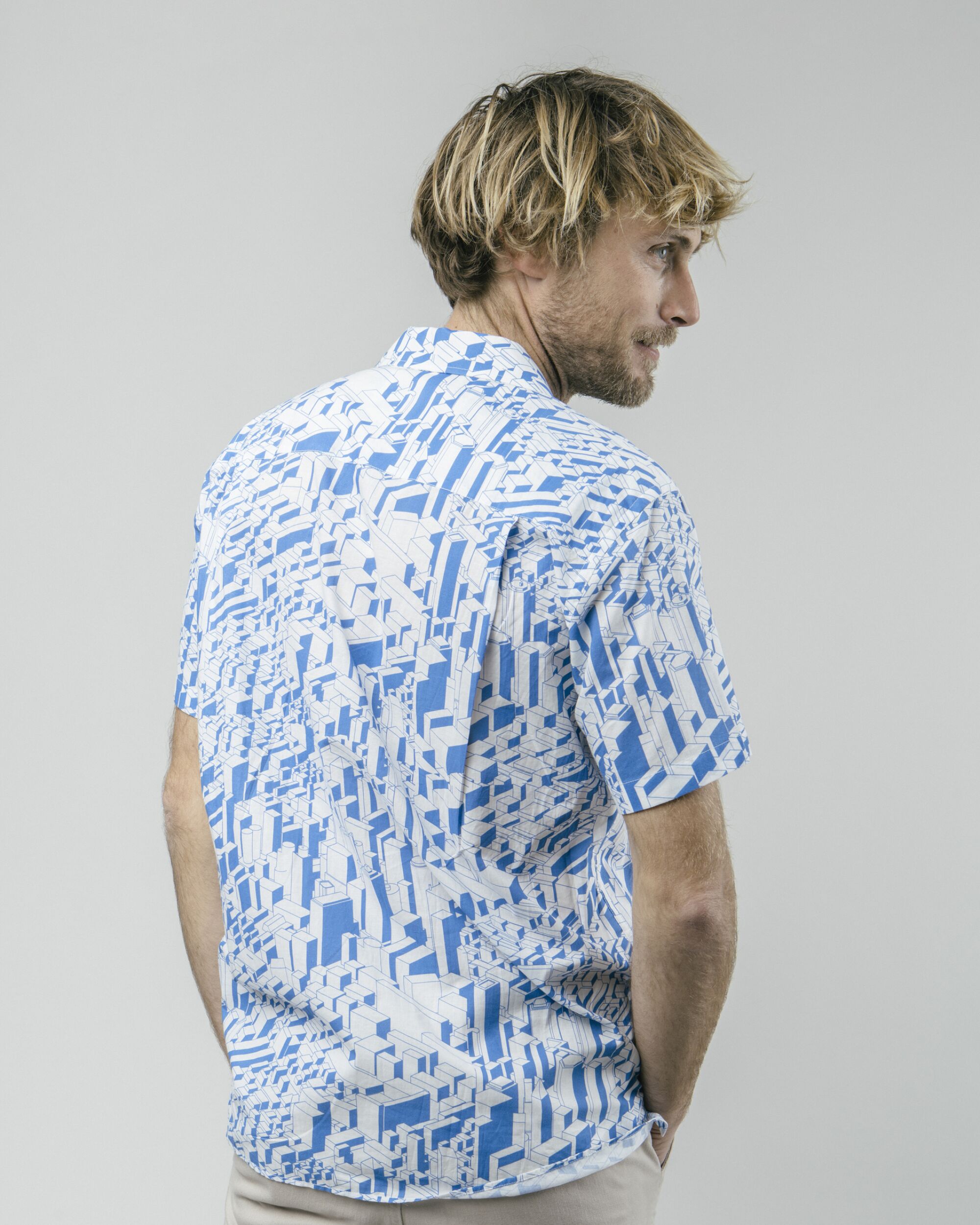 Blue, white Urban District Aloha shirt made from 100% organic cotton by Brava Fabrics