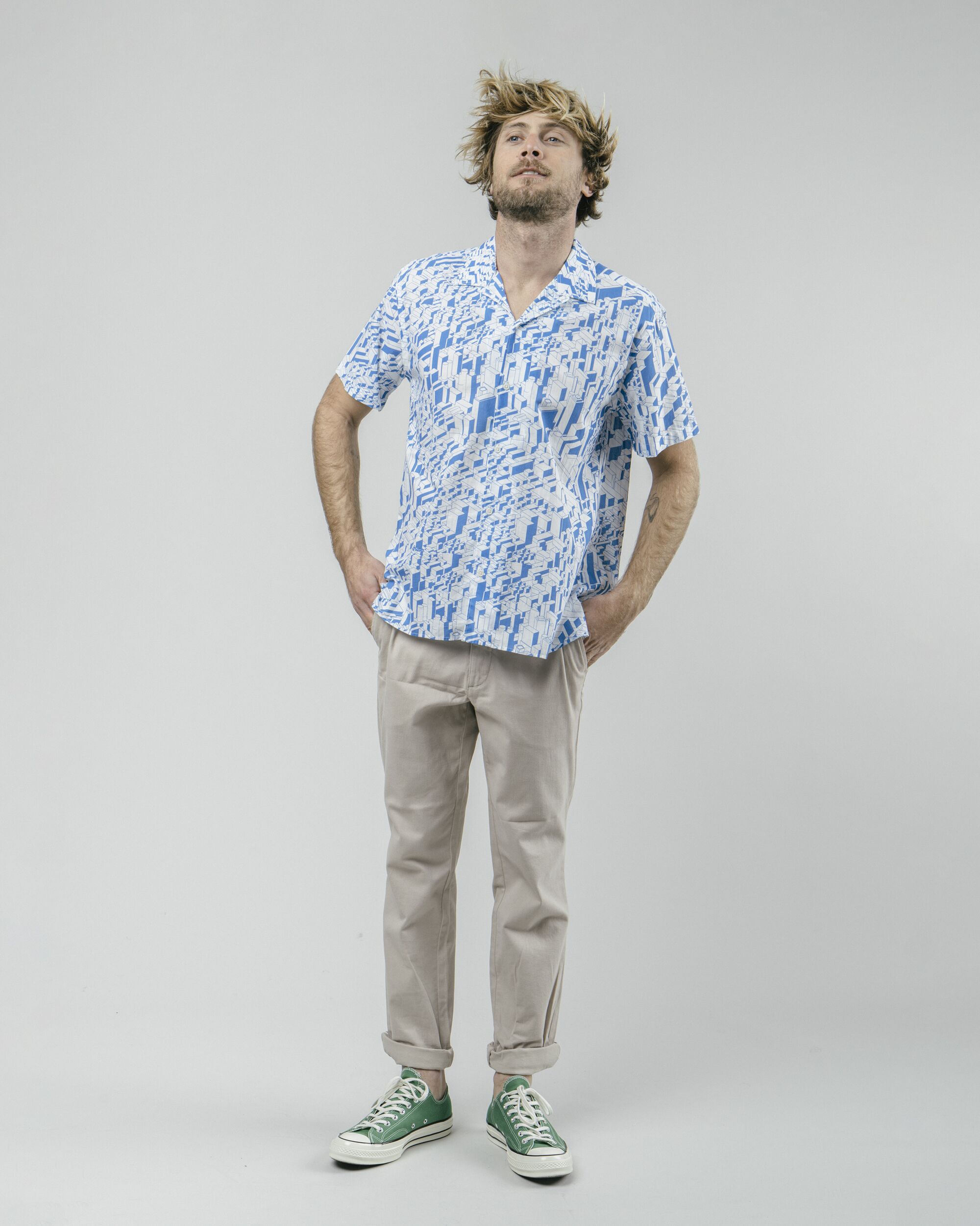 Blue, white Urban District Aloha shirt made from 100% organic cotton by Brava Fabrics