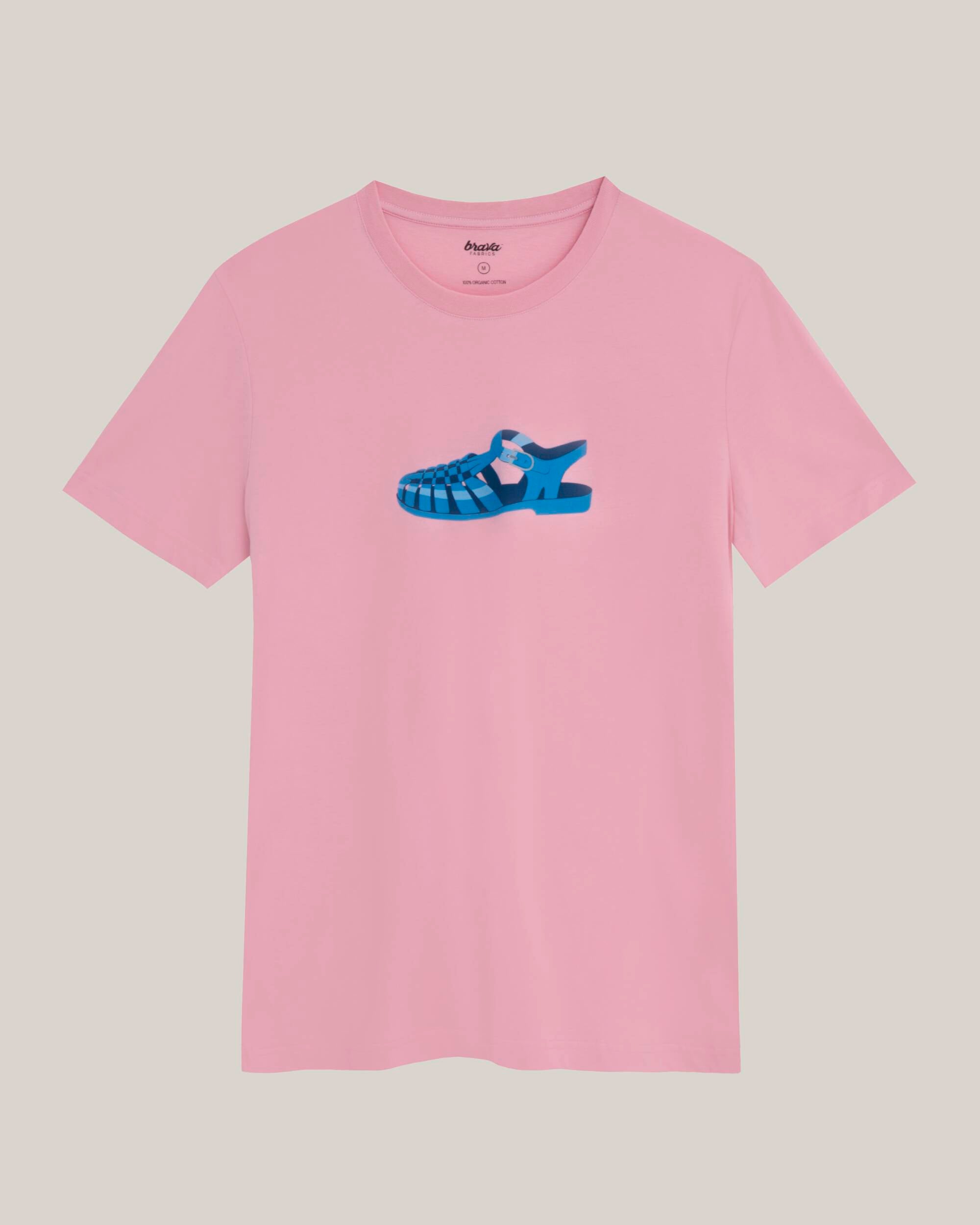 T-shirt Jelly emblématique rose avec un superbe imprimé en coton 100 % biologique de Brava Fabrics