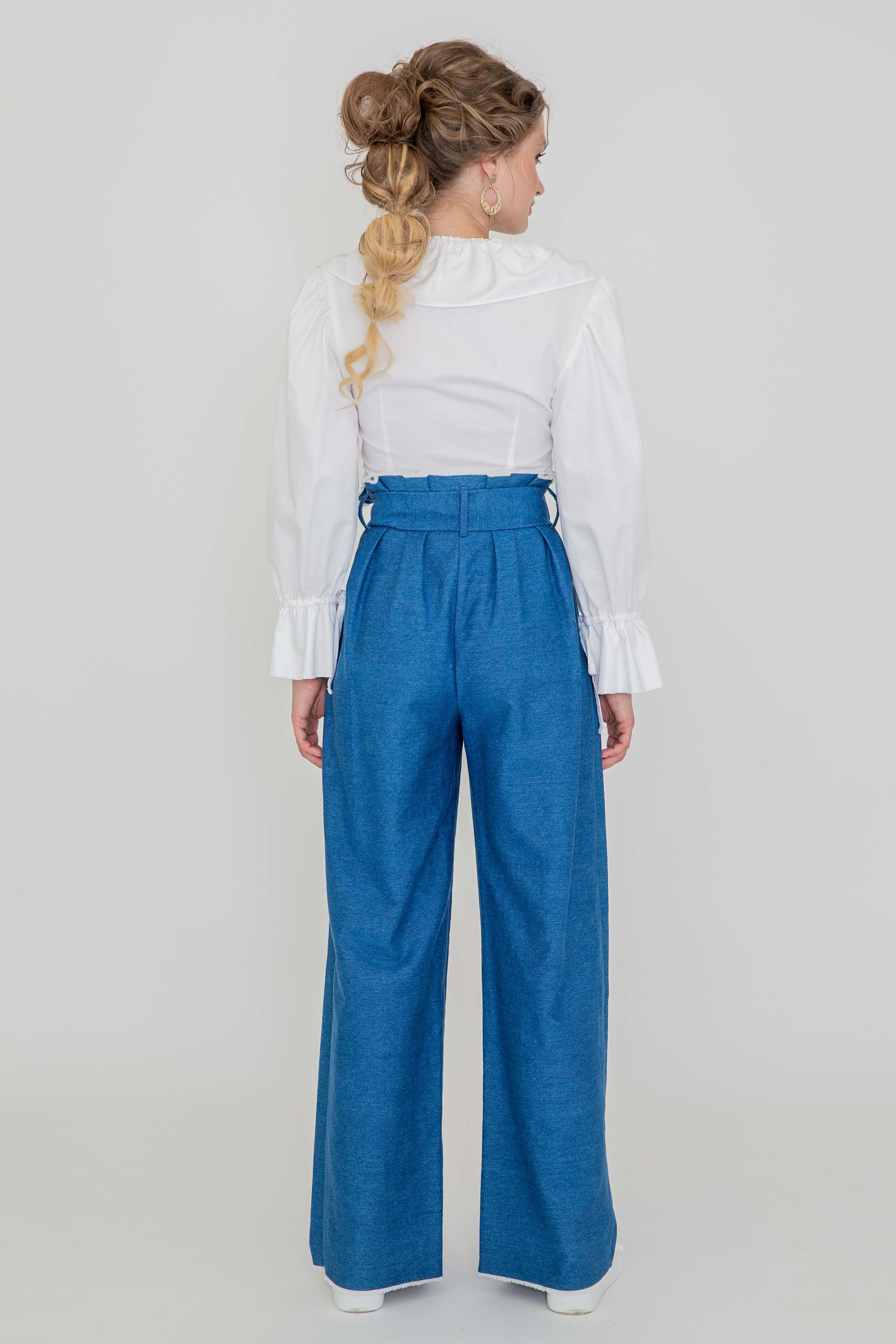 Blue paperbag trousers TINI made of 100% organic cotton by S AN IKAI Made-to-Order