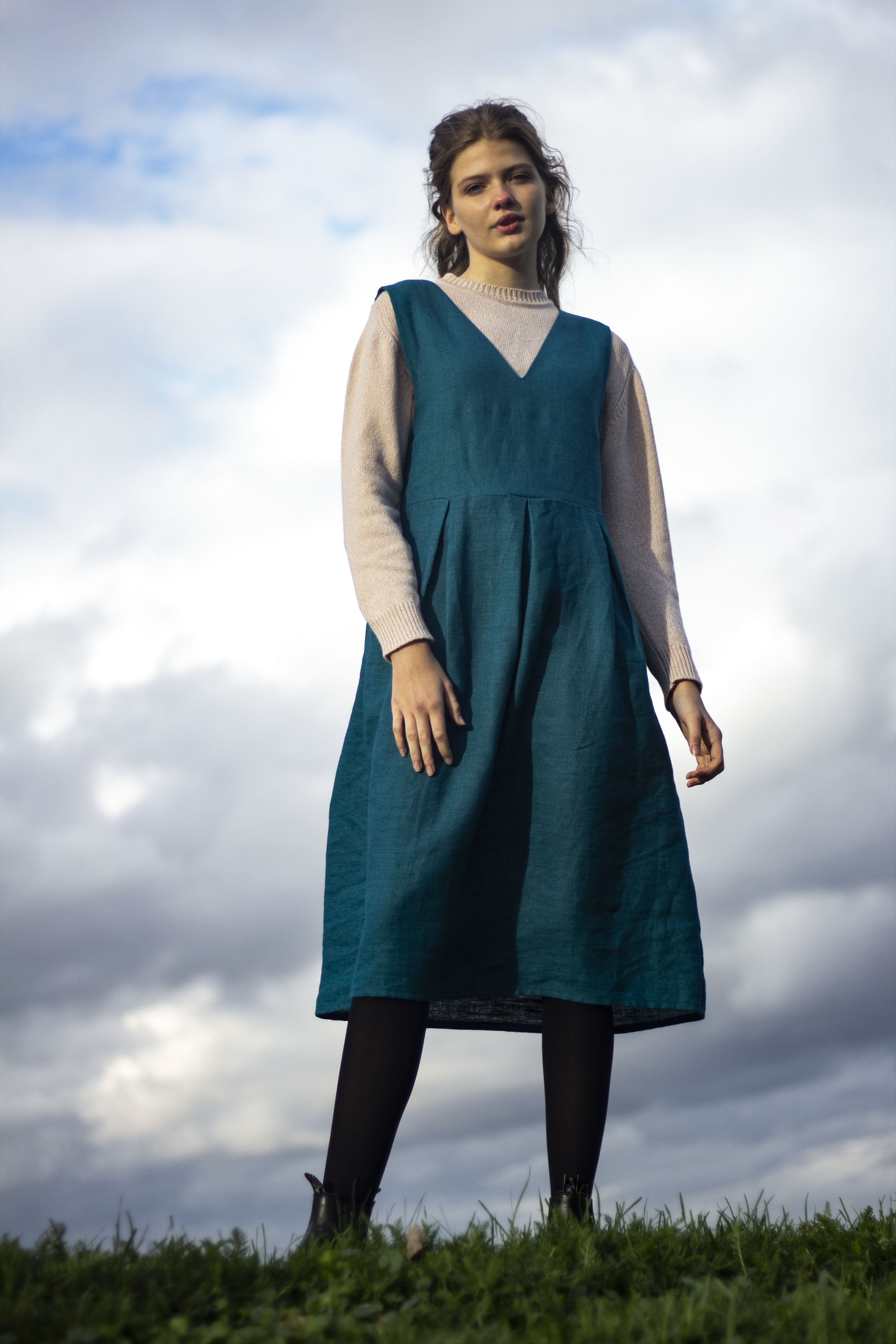 Apron dress in turquoise/blue made from 100% linen