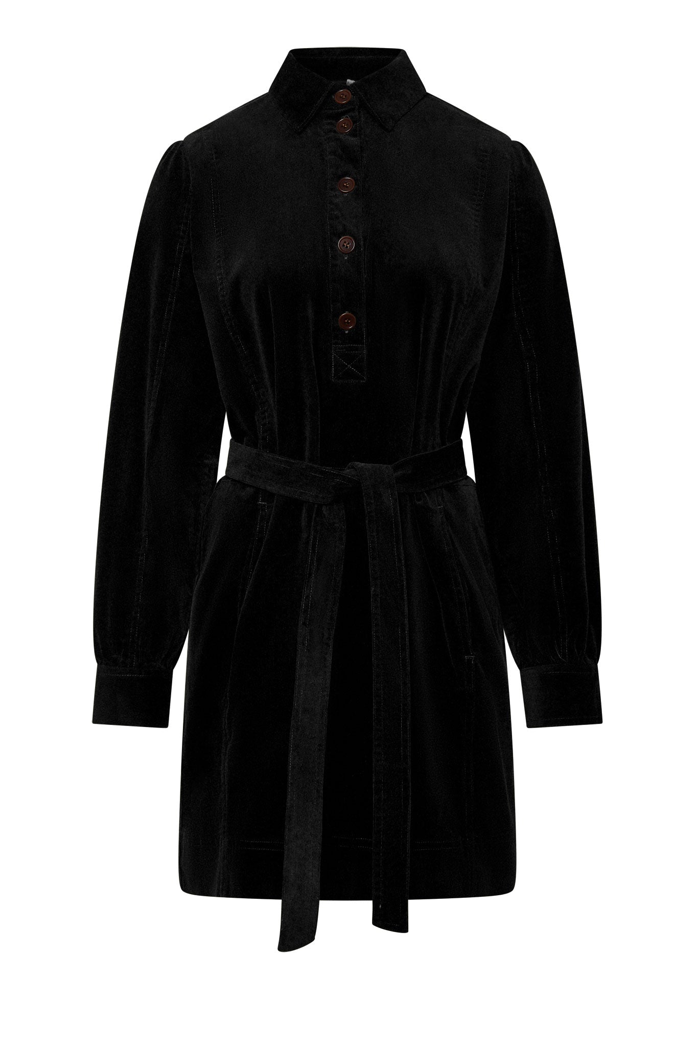 Black, long-sleeved corduroy dress NEPTUNE made of organic cotton by Komodo