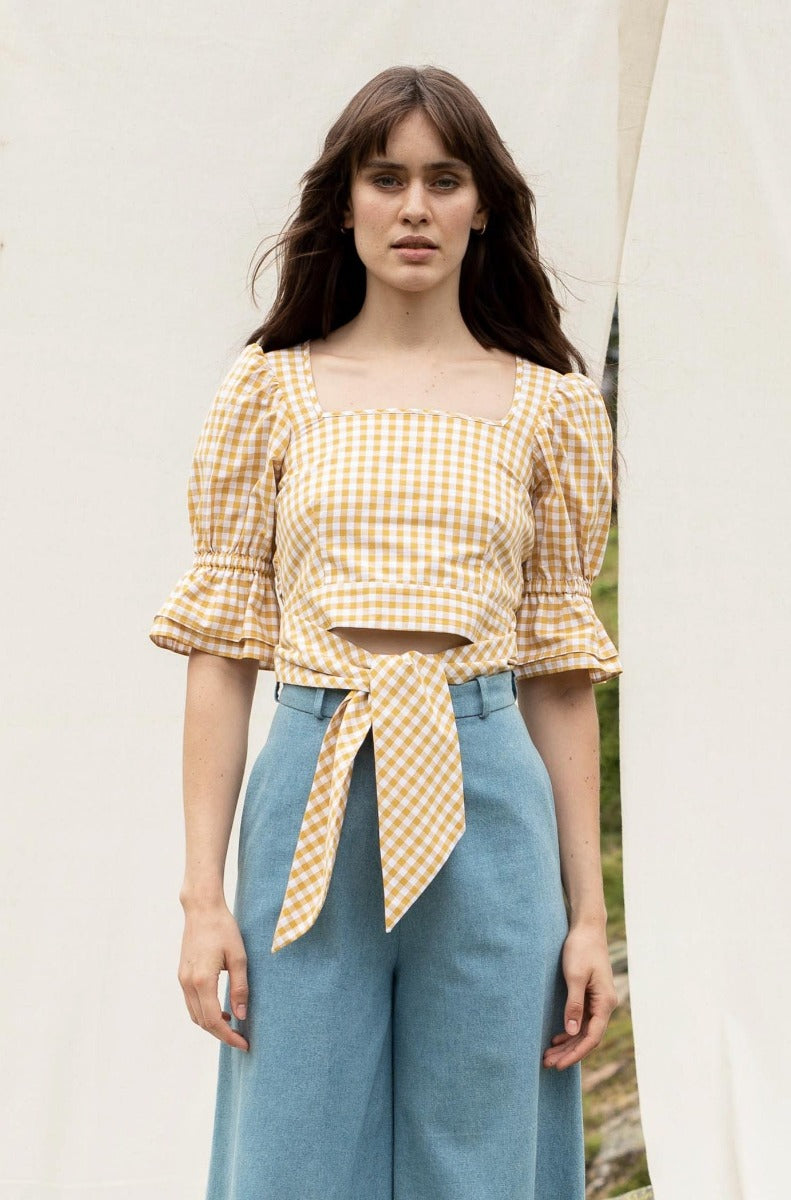 Yellow, checked top ADELE made of 100% organic cotton by SANIKAI Made-to-Order