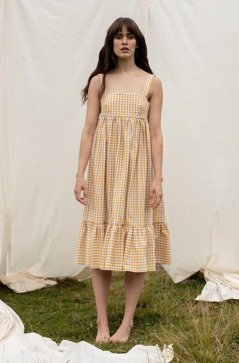 Yellow, checked dress GEORGETTE made of 100% organic cotton by SANIKAI Made-to-Order