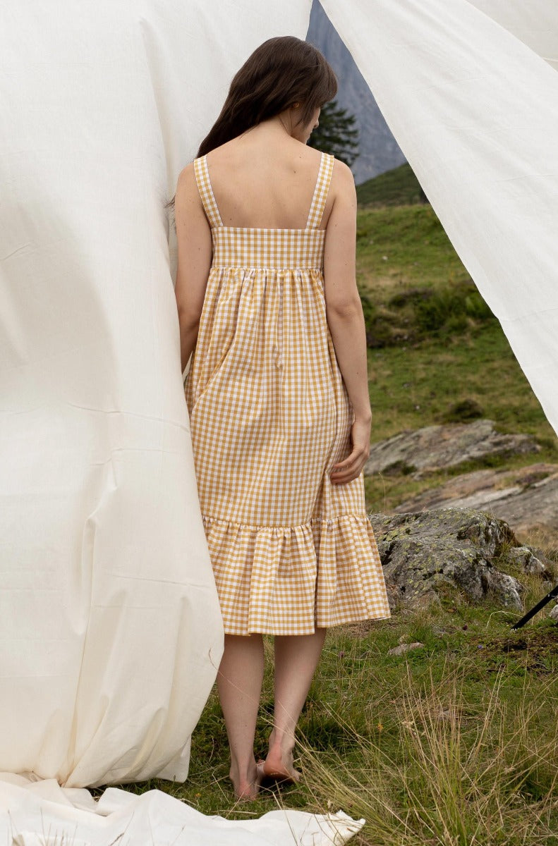 Gelb, kariertes Kleid GEORGETTE aus 100% Bio-Baumwolle von S A N I K A I Made-to-Order