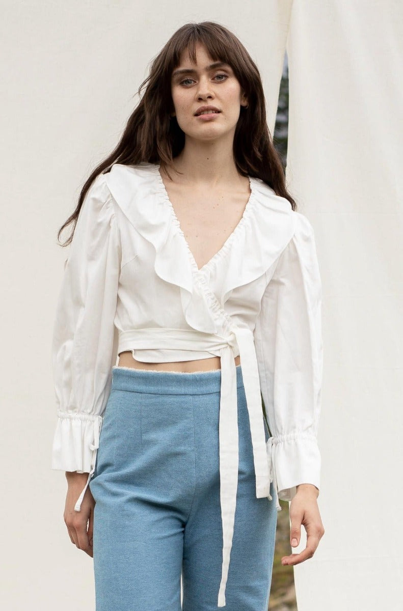 Cream white wrap blouse BERENICE made of 100% organic cotton satin by SANIKAI Made-to-Order