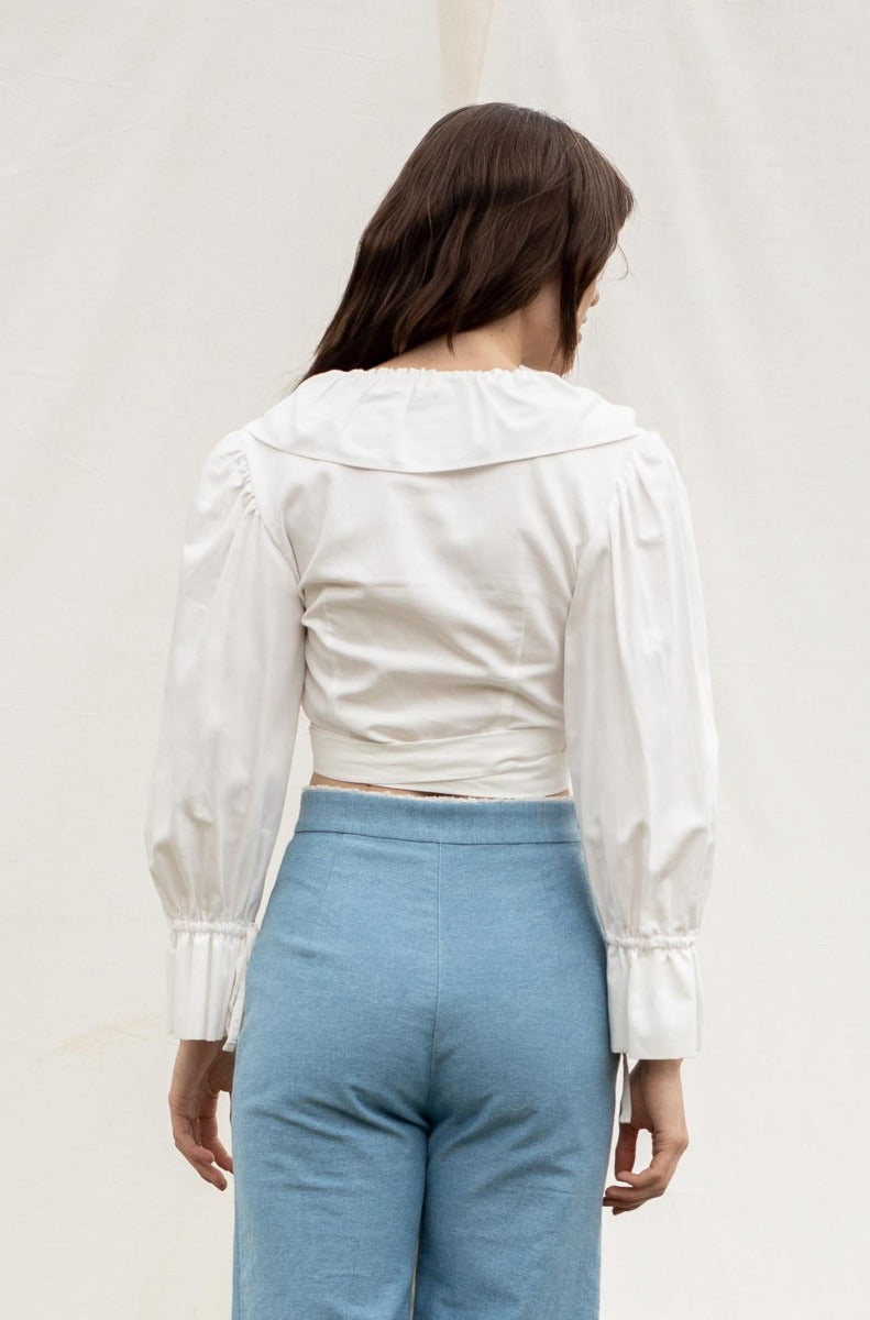 Cream white wrap blouse BERENICE made of 100% organic cotton satin by SANIKAI Made-to-Order