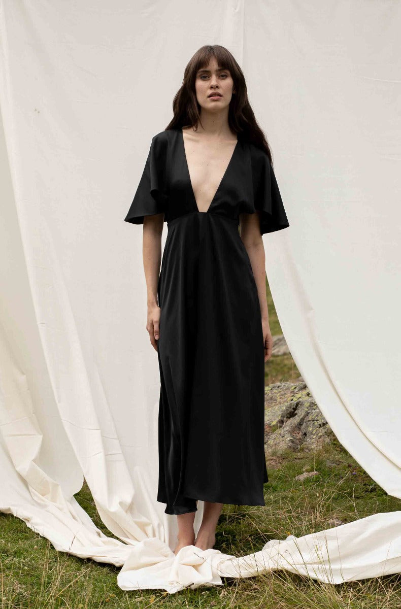 Black silk dress CHARIS made from 100% recycled plastic bottles by SANIKAI Made-to-Order