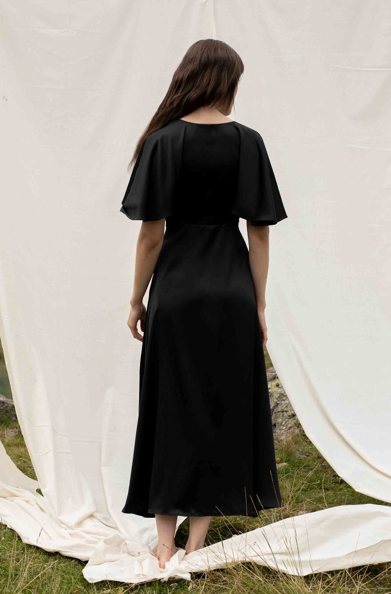 Black silk dress CHARIS made from 100% recycled plastic bottles by SANIKAI Made-to-Order