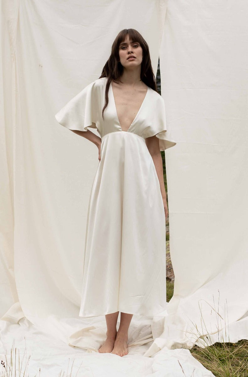 Cream white silk dress CHARIS made from 100% recycled plastic bottles by SANIKAI Made-to-Order
