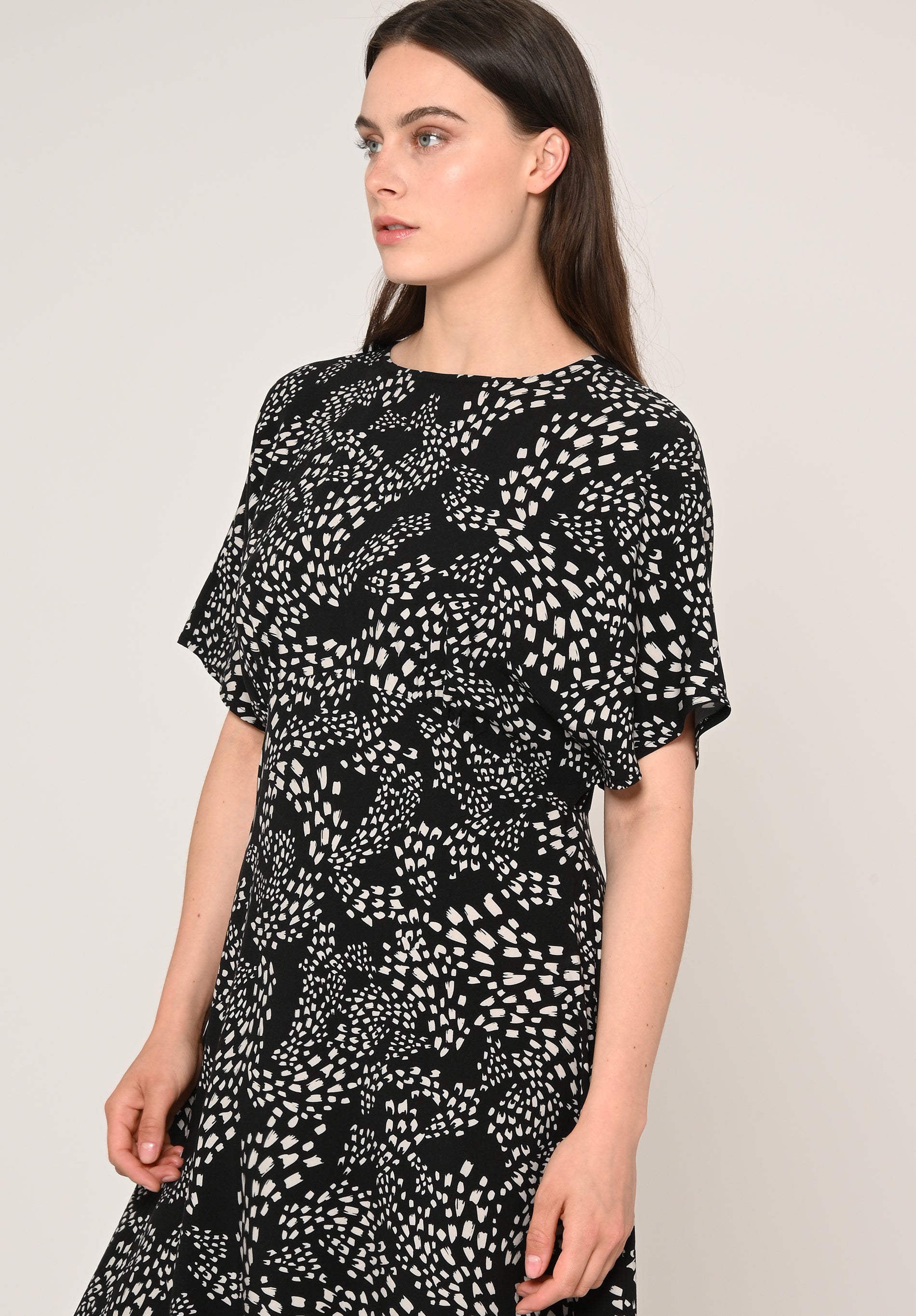 Maxi dress ODON in black and white pattern by LOVJOI made from ECOVERO™