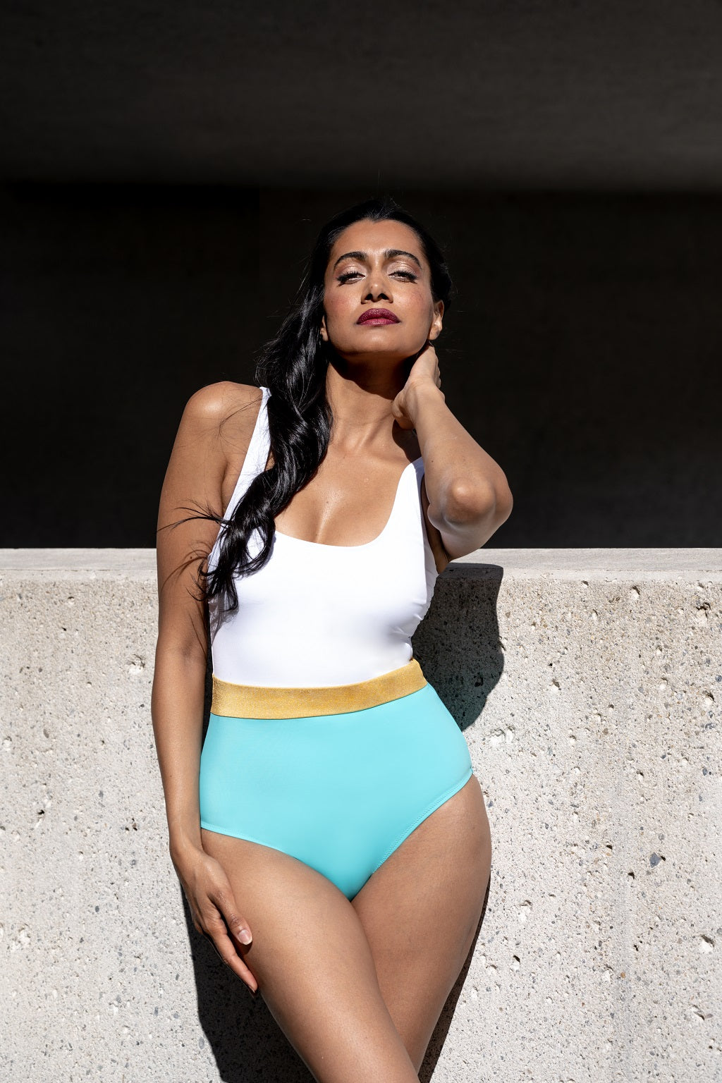 Swimsuit "evocative caraibi" in color blocking made from 100% recycled Econyl by Mare