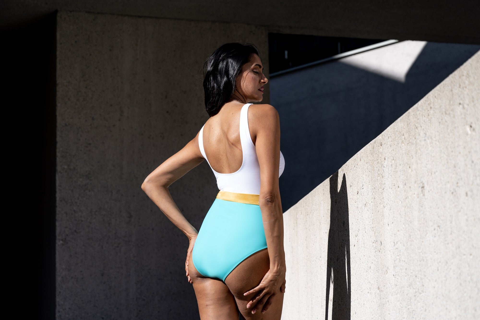Swimsuit "evocative caraibi" in color blocking made from 100% recycled Econyl by Mare