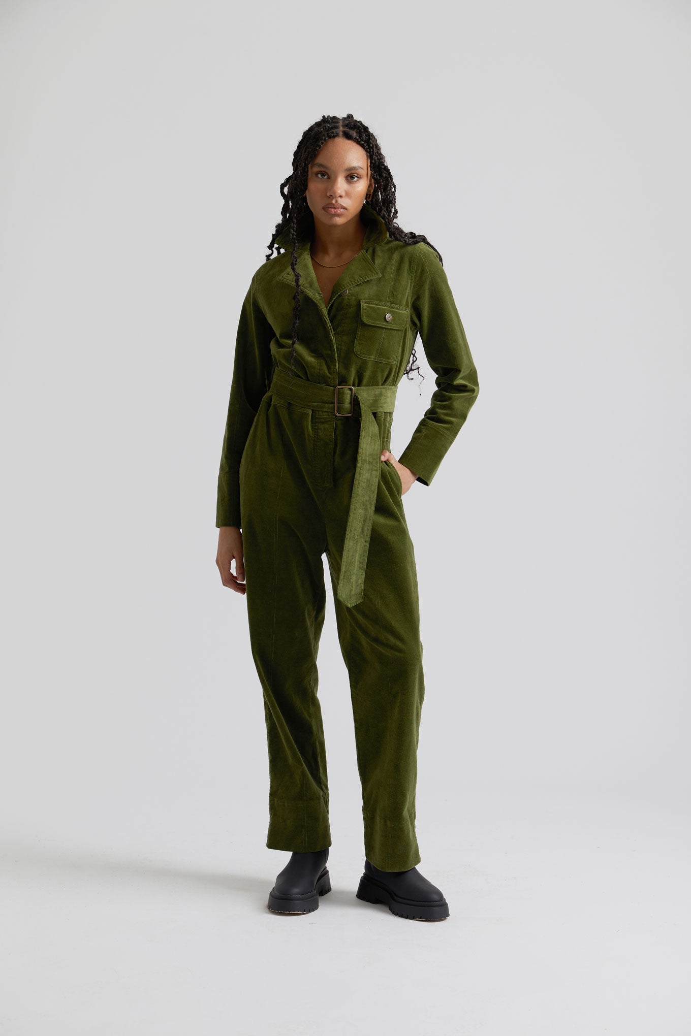 Green corduroy jumpsuit ELECTRA made from organic cotton by Komodo