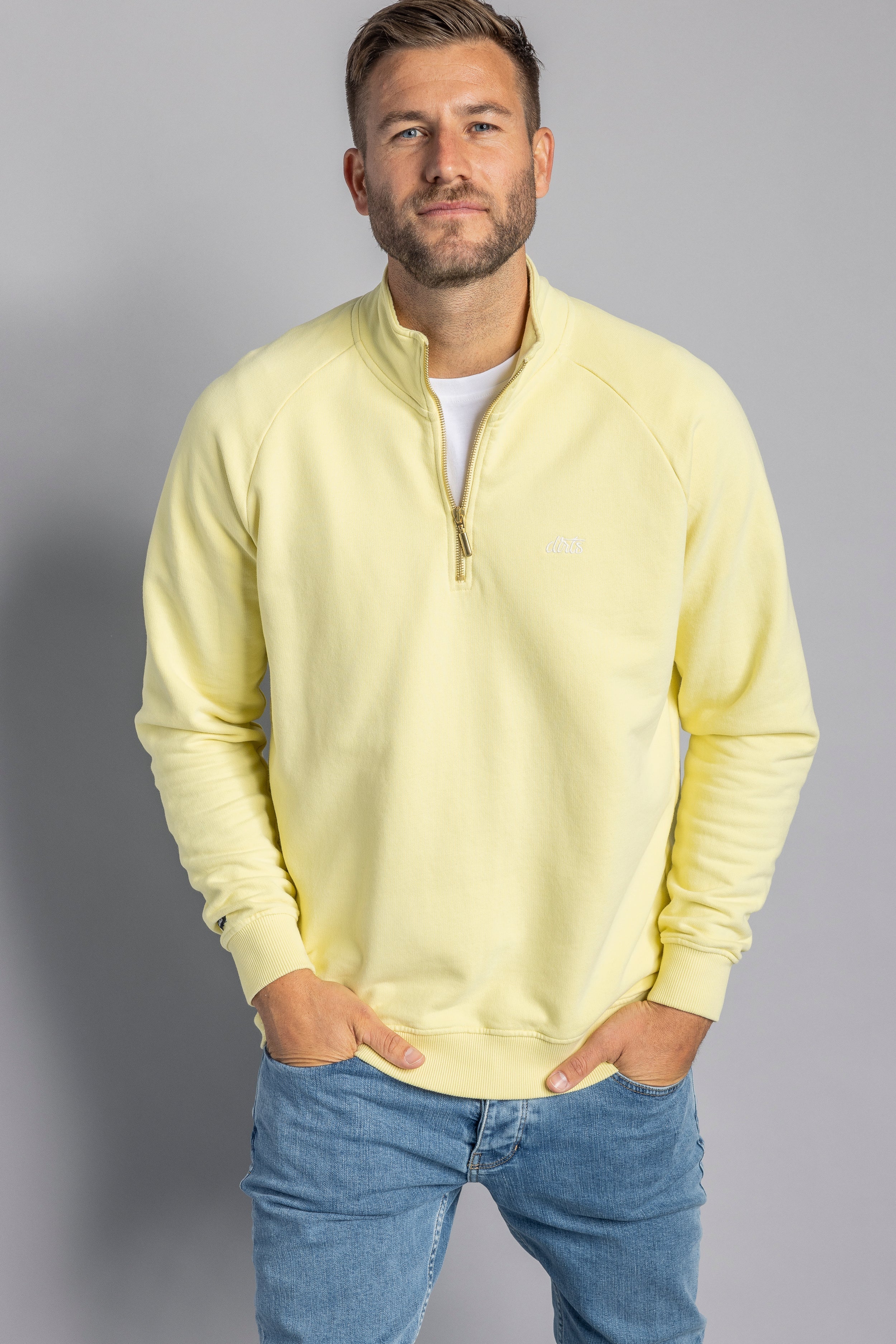 Yellow sweater quarter zip raglan made of 100% organic cotton from DIRTS