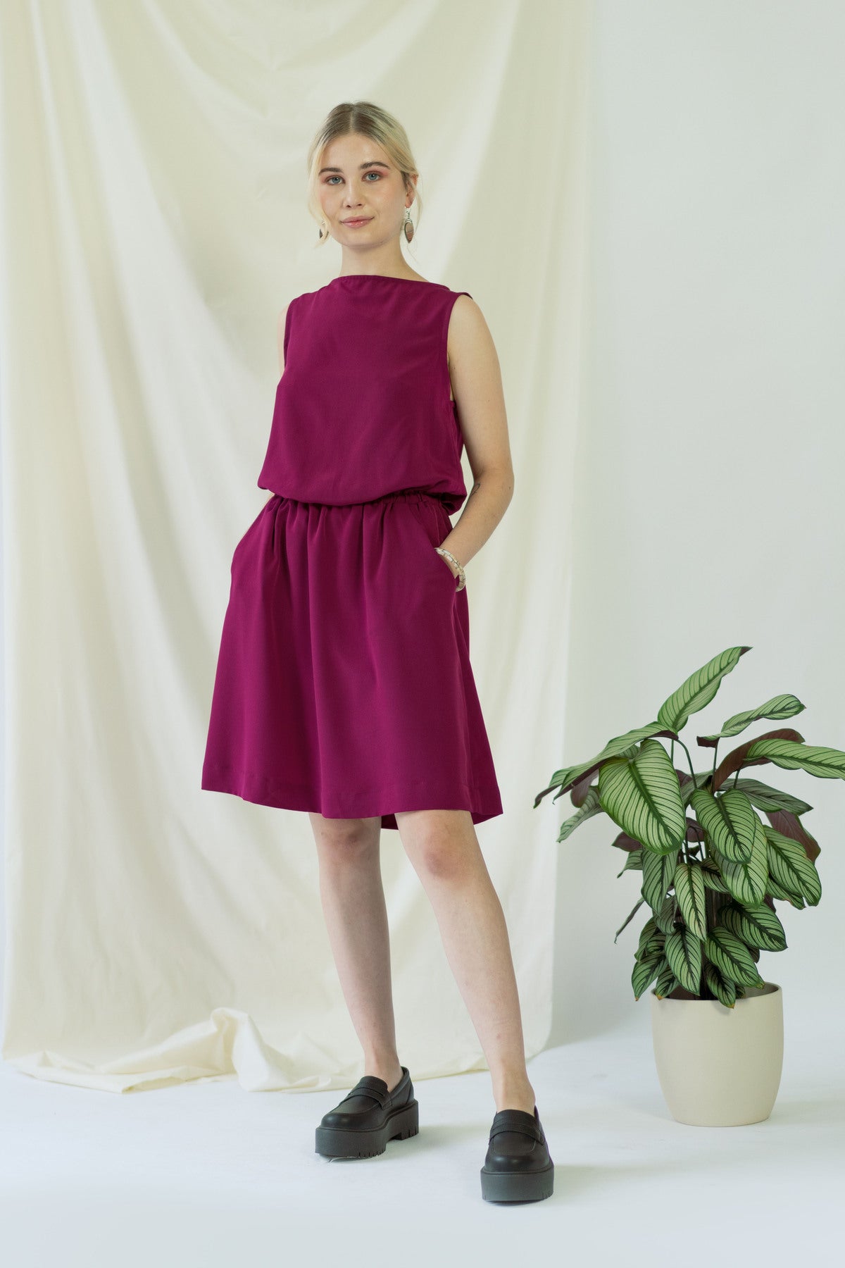 Bella magenta sleeveless dress made from recycled polyester by Ayani
