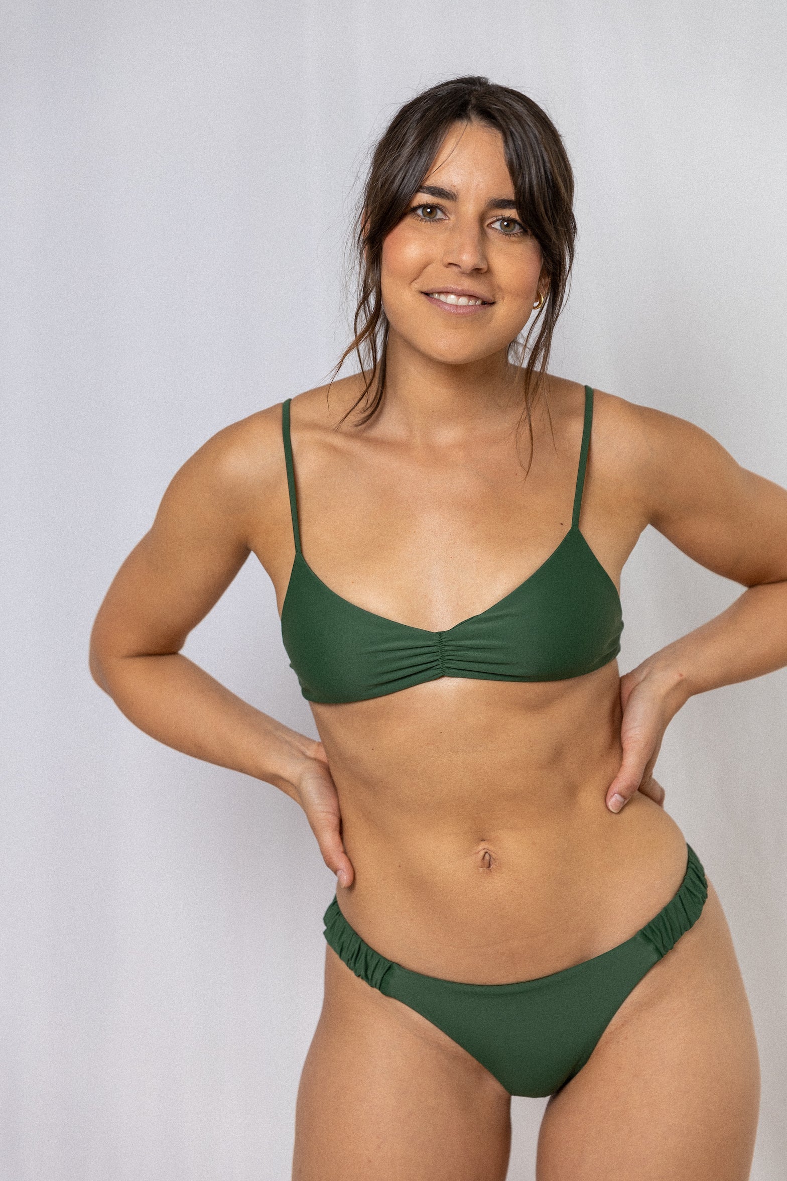 Olive green bikini bottoms Javi made from recycled fishing nets by Tias &amp; Olives