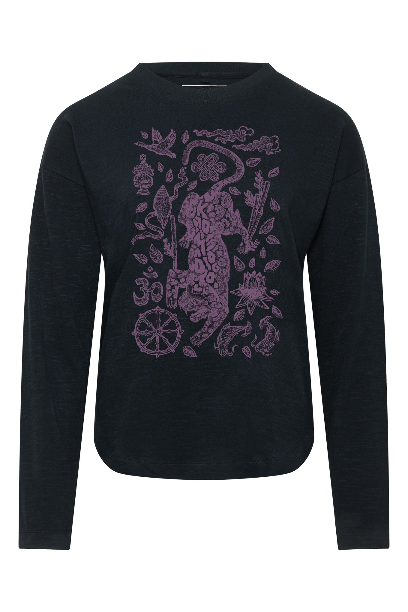 Schwarzes, langärmliges Shirt NEPALI LEOPARD aus 100% Bio-Baumwolle von Komodo