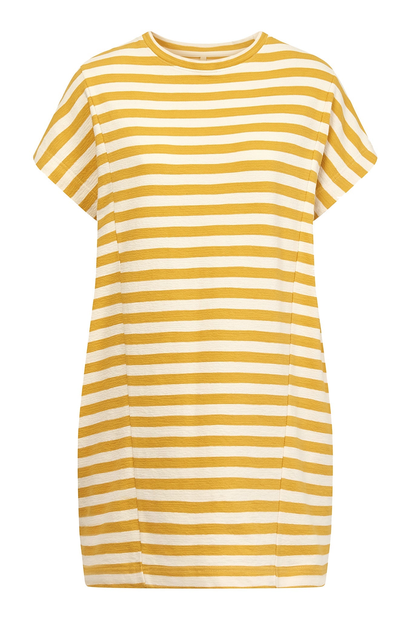 Yellow and white striped, short-sleeved dress YASUKO made of organic cotton by Komodo