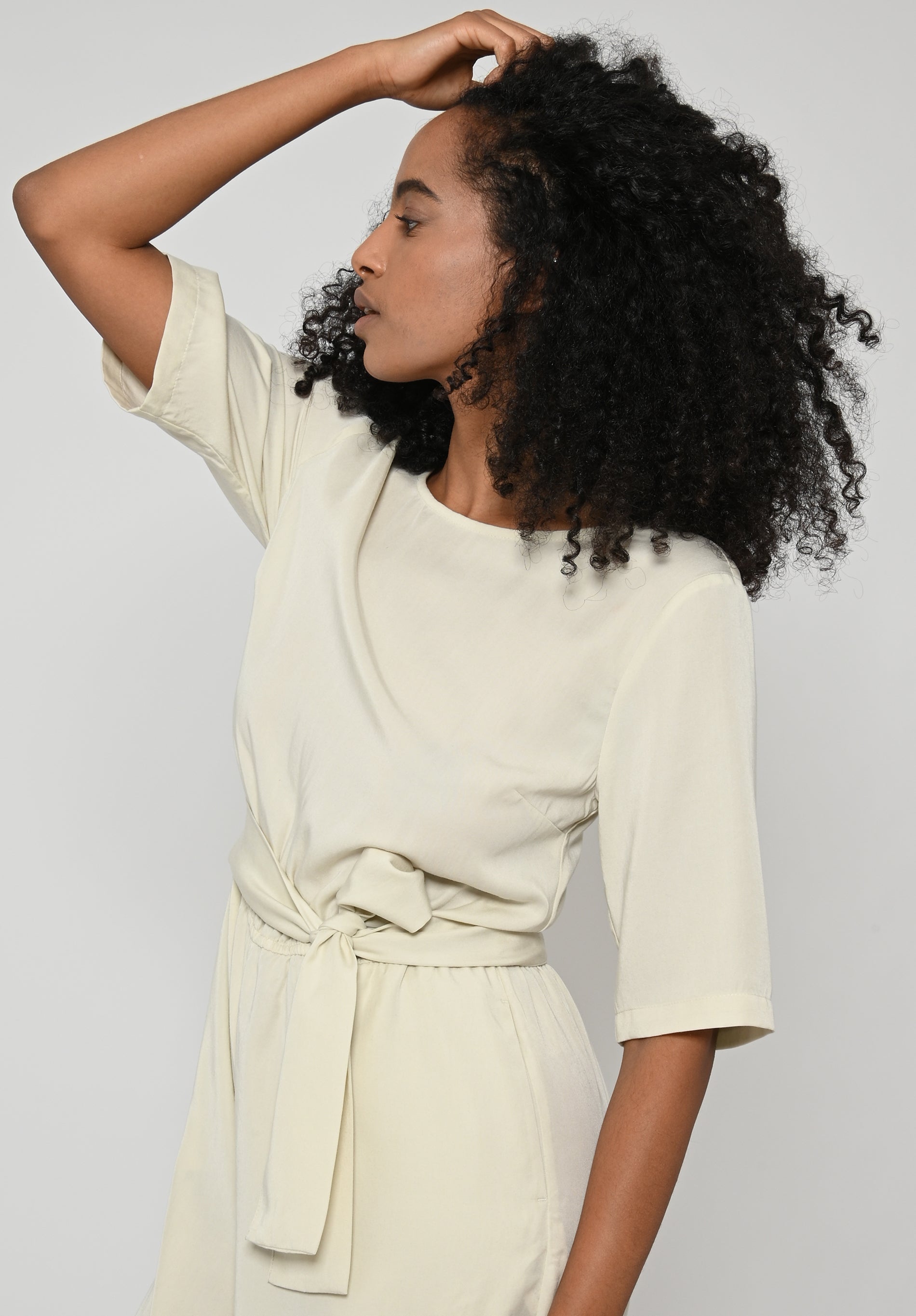 Sustainable jumpsuit STAINE HALFSLEEVE with sleeves in beige by LOVJOI made of TENCEL™ (ST)