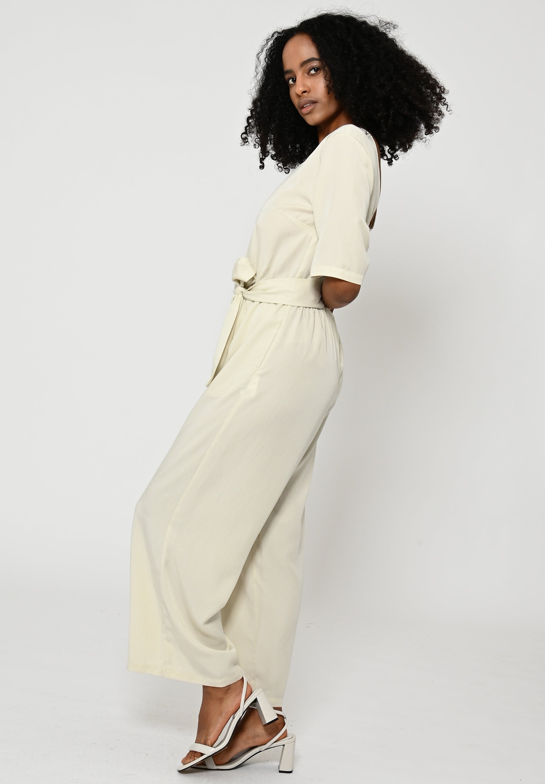 Sustainable jumpsuit STAINE HALFSLEEVE with sleeves in beige by LOVJOI made of TENCEL™ (ST)