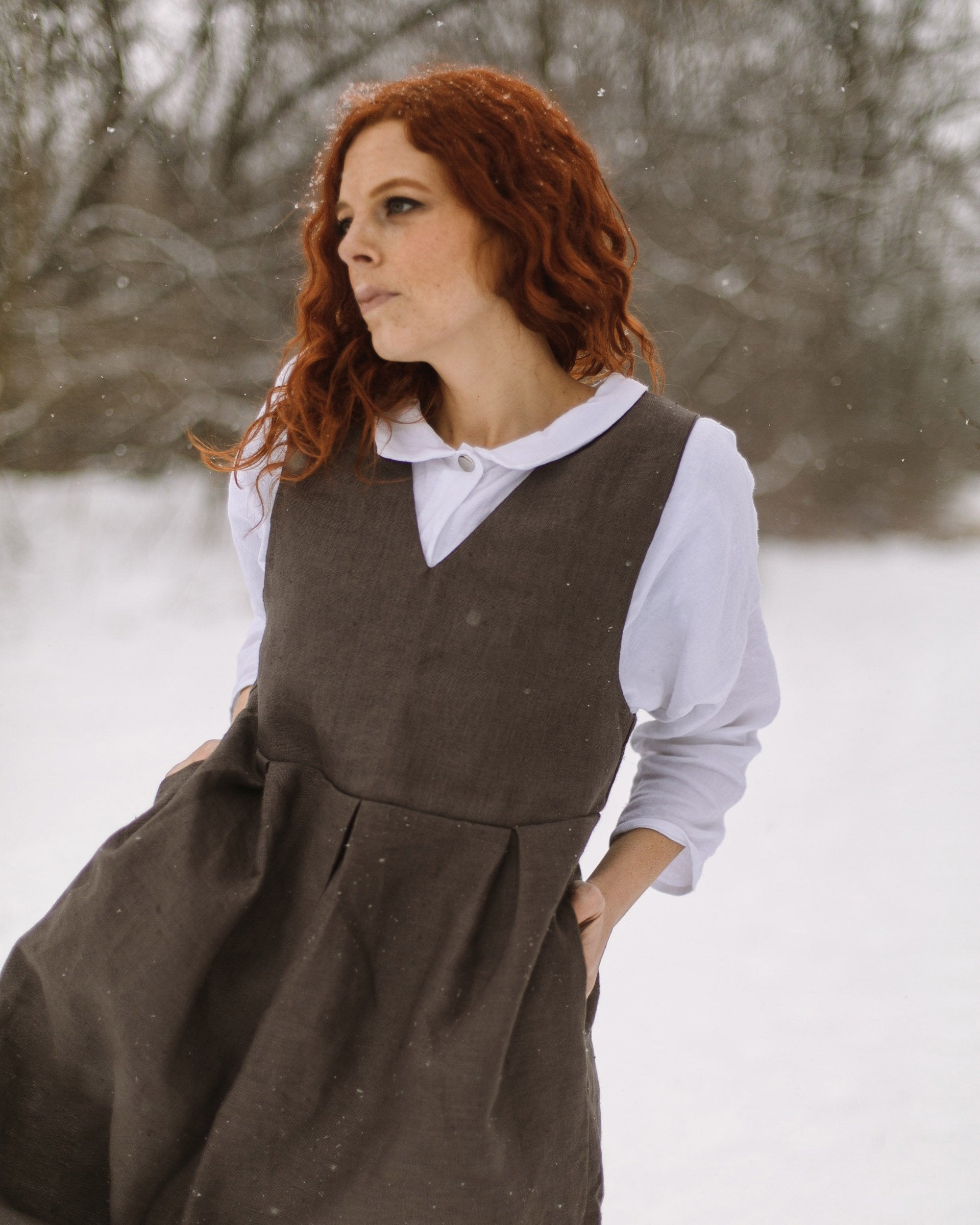 Apron dress in gray made from 100% linen