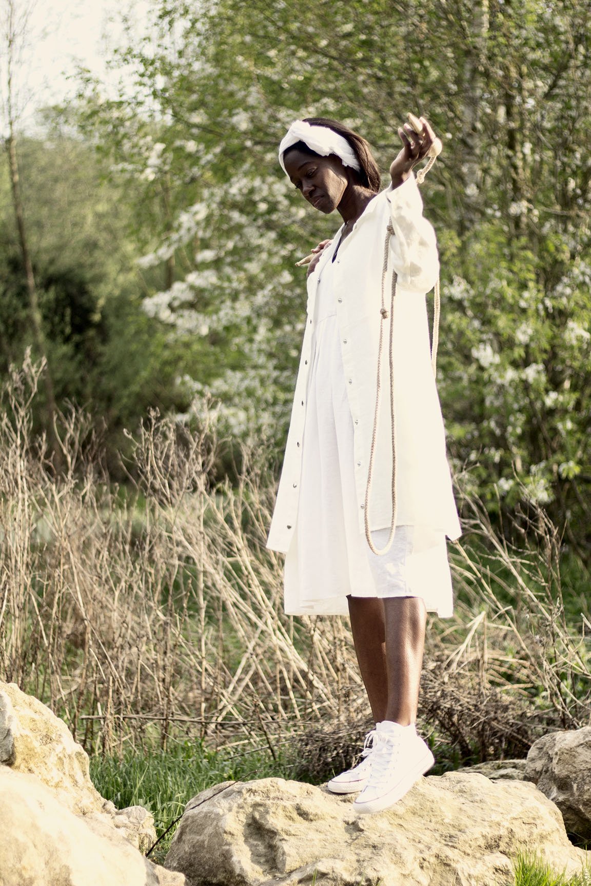 Apron dress in white made from 100% linen