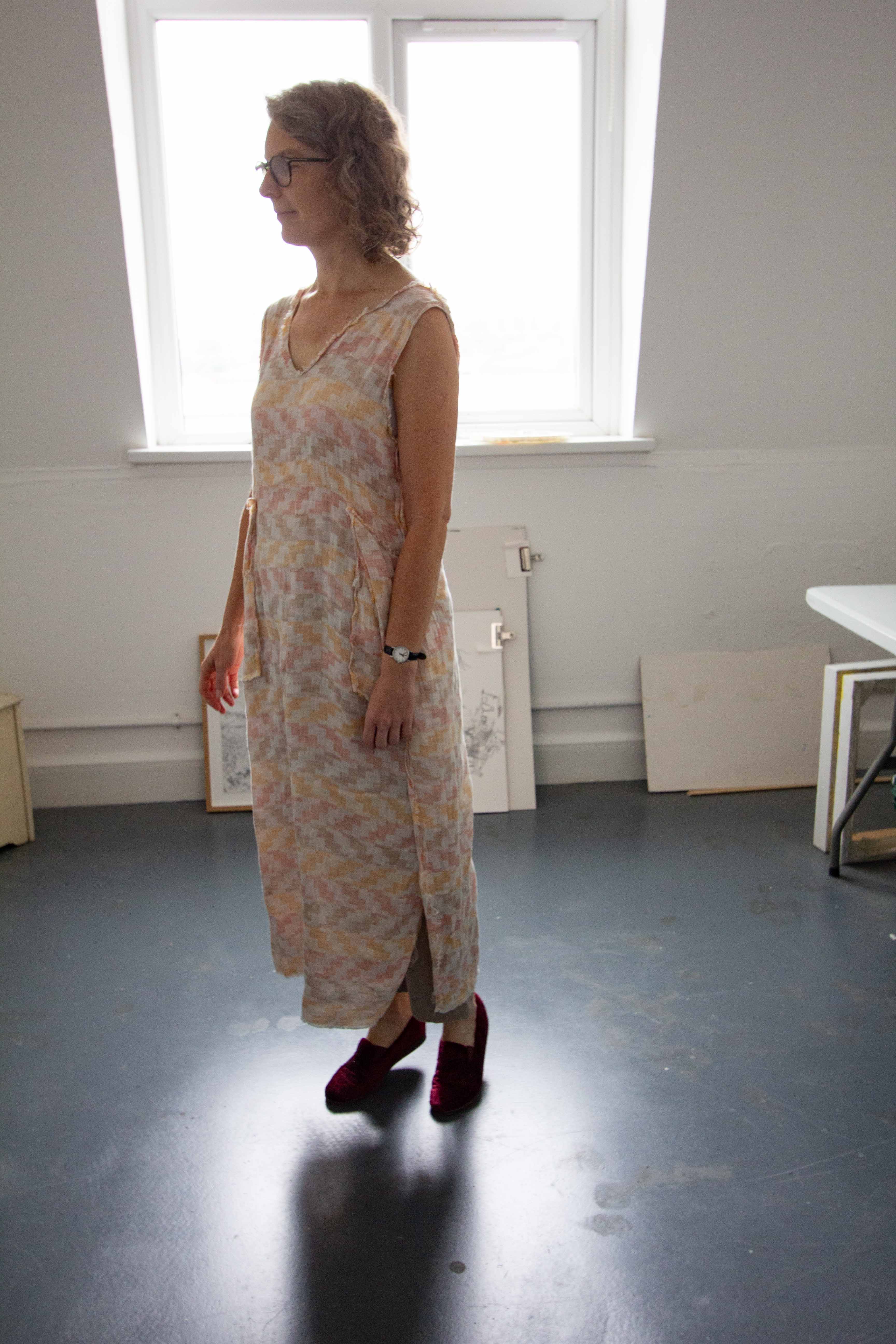 Beige, patterned linen dress from Lemuel MC