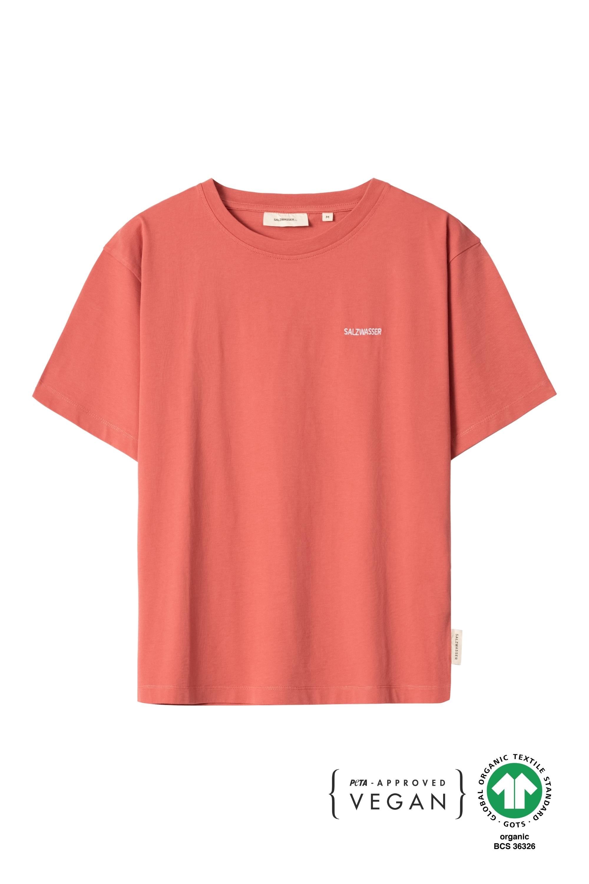 GOTS-zertifiziertes rotes T-Shirt von SALZWASSER mit weißer Stickerei _women
