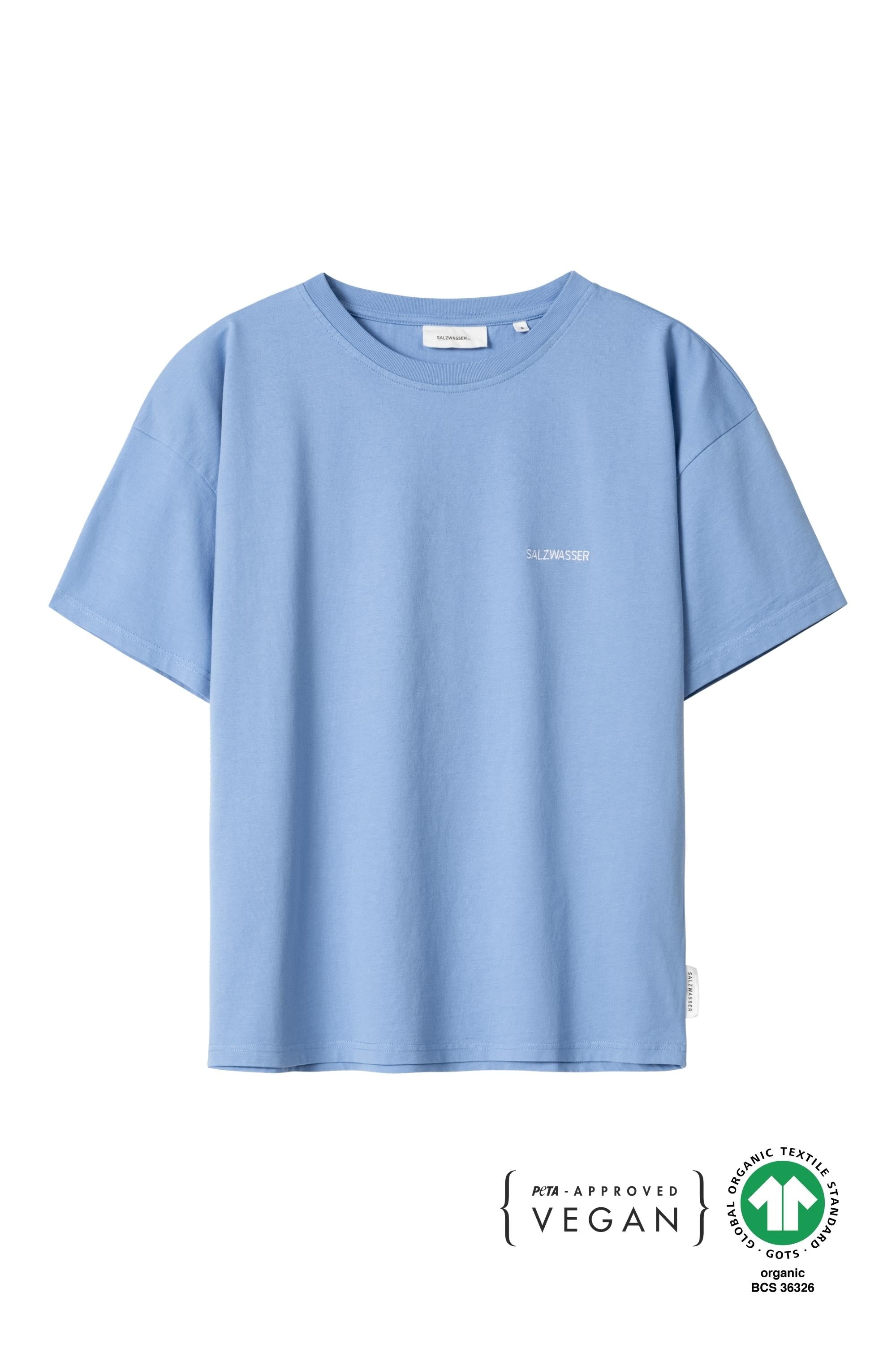 GOTS-zertifiziertes blaues T-Shirt von SALZWASSER mit weißer Stickerei _women